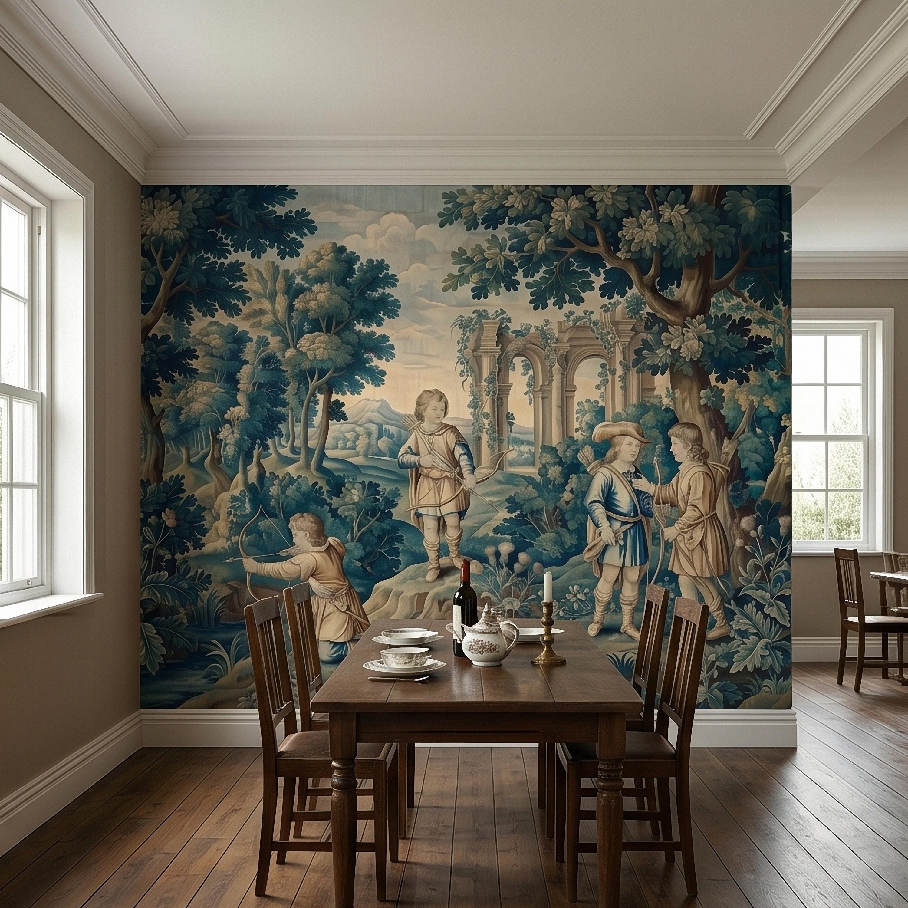 Blue Verdure Hunting Scene Peel and Stick Wall Mural, Vintage Toile de Jouy Archers in Woodland with Ruins, French Scenic Wallpaper