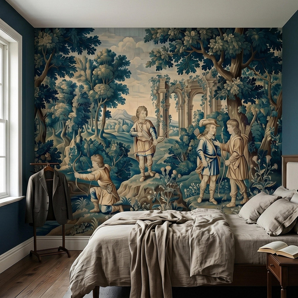 Blue Verdure Hunting Scene Peel and Stick Wall Mural, Vintage Toile de Jouy Archers in Woodland with Ruins, French Scenic Wallpaper