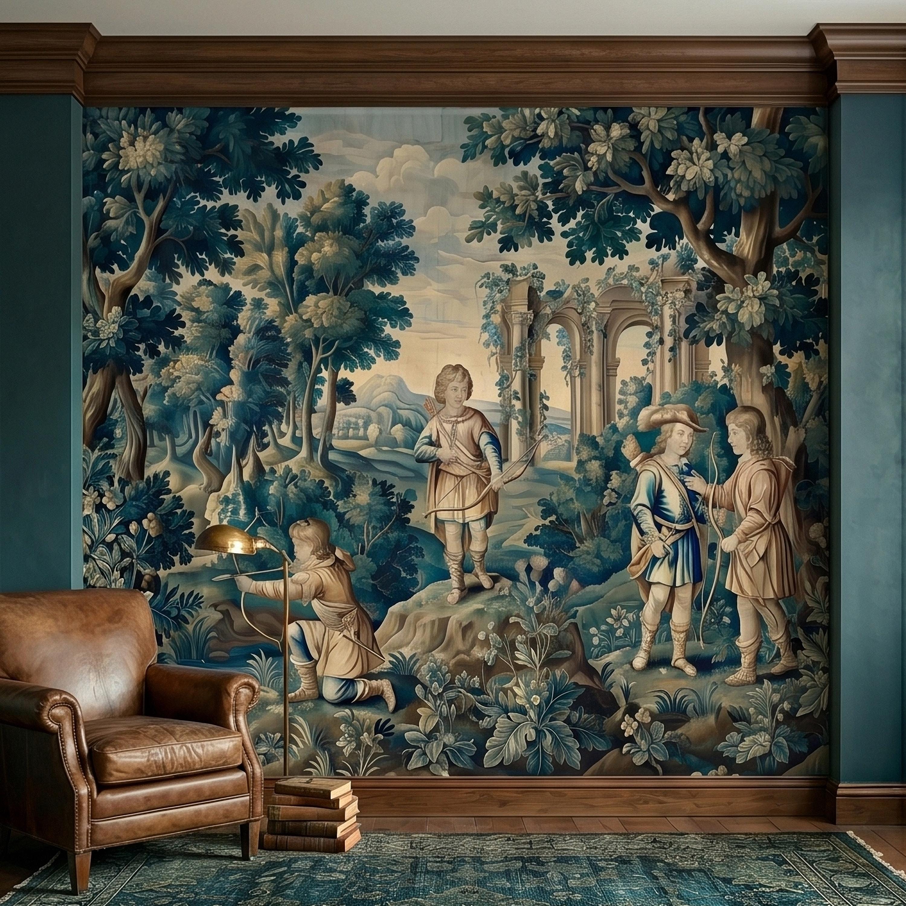 Blue Verdure Hunting Scene Peel and Stick Wall Mural, Vintage Toile de Jouy Archers in Woodland with Ruins, French Scenic Wallpaper