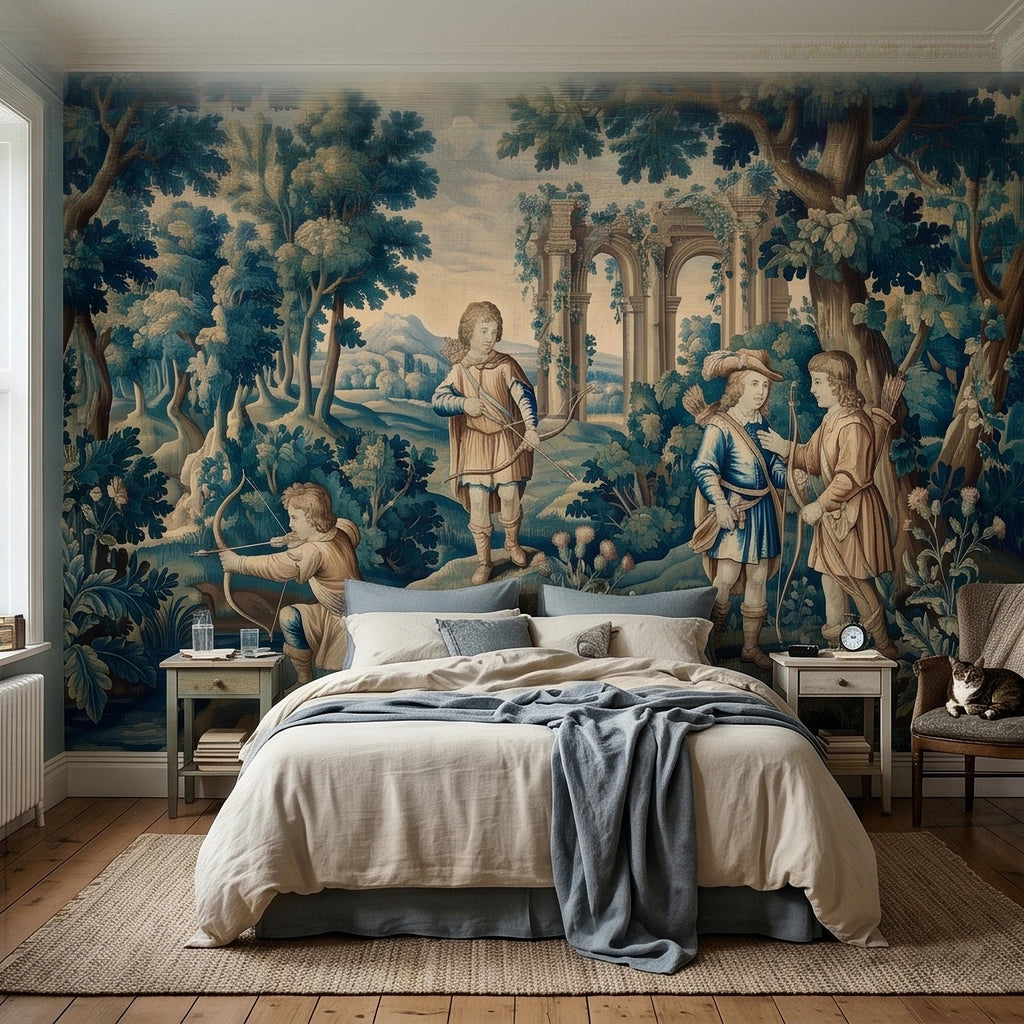 Blue Verdure Hunting Scene Peel and Stick Wall Mural, Vintage Toile de Jouy Archers in Woodland with Ruins, French Scenic Wallpaper
