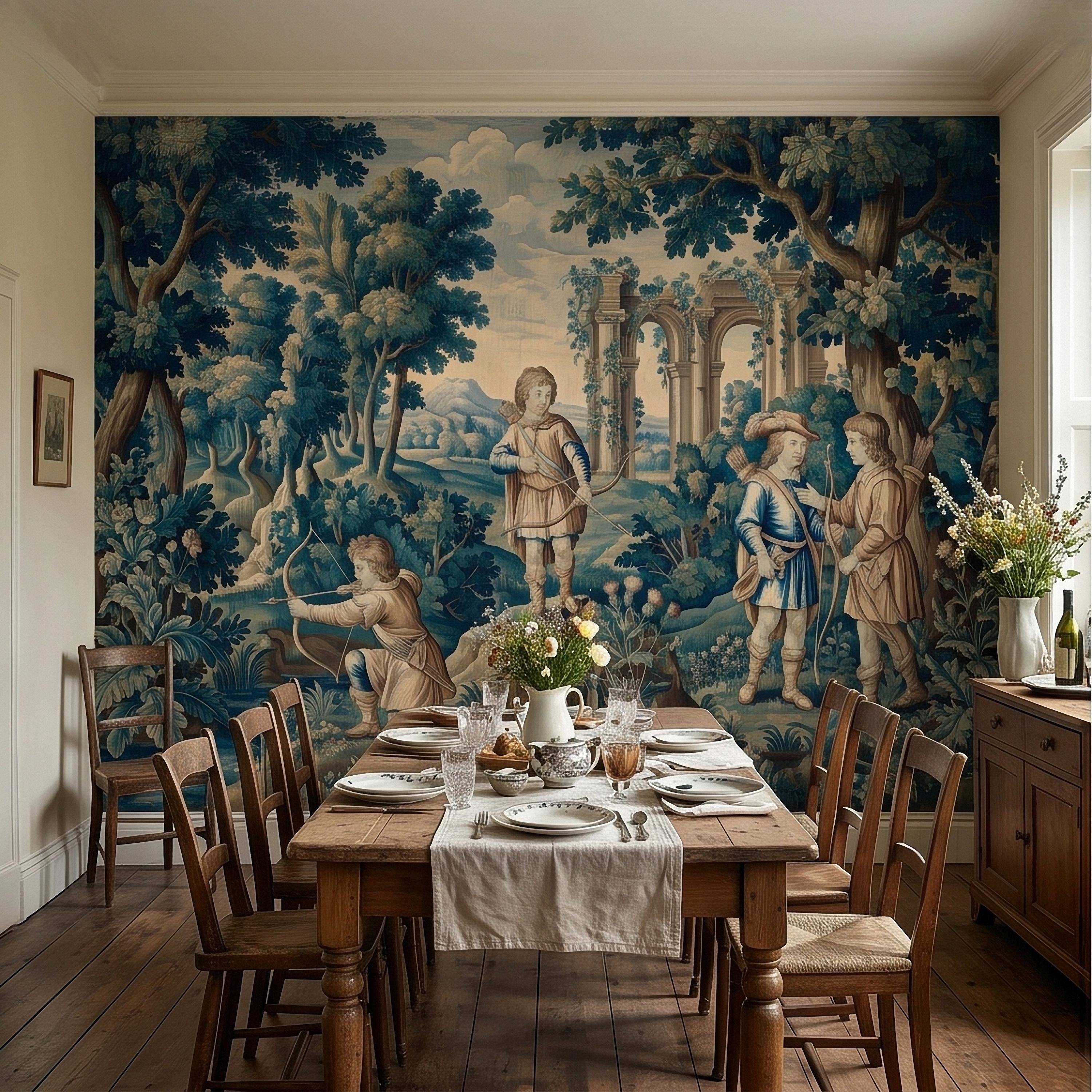 Blue Verdure Hunting Scene Peel and Stick Wall Mural, Vintage Toile de Jouy Archers in Woodland with Ruins, French Scenic Wallpaper