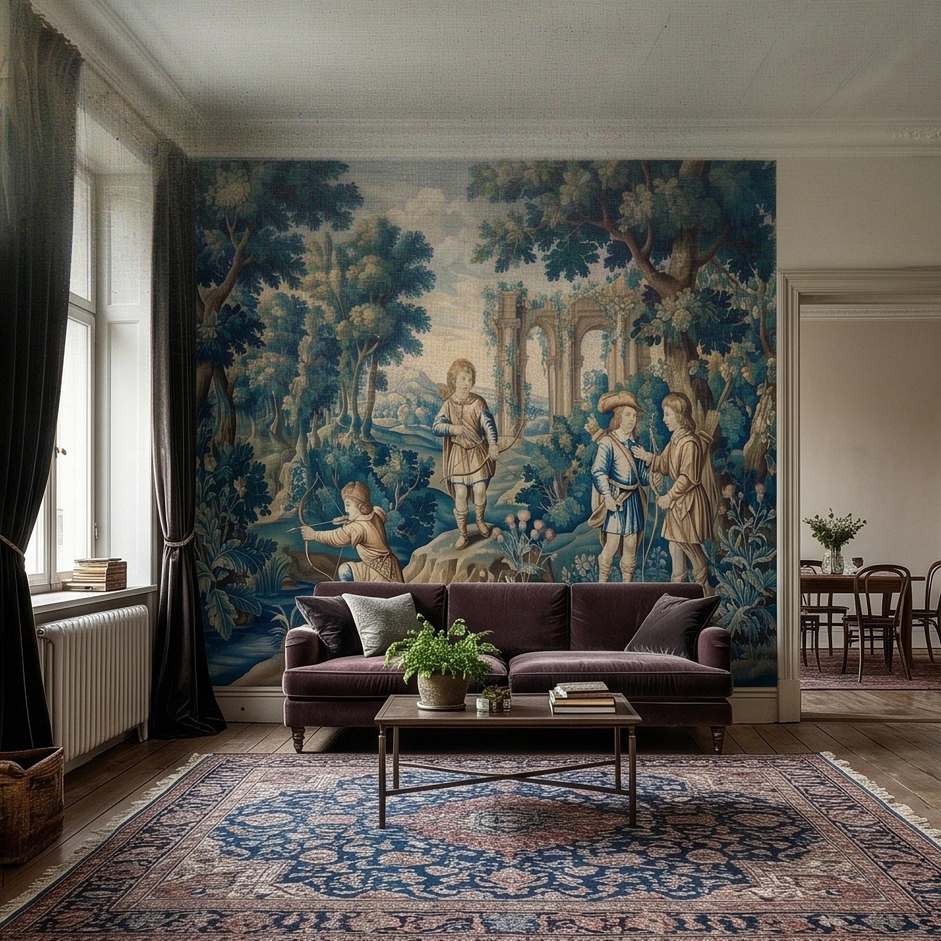 Blue Verdure Hunting Scene Peel and Stick Wall Mural, Vintage Toile de Jouy Archers in Woodland with Ruins, French Scenic Wallpaper