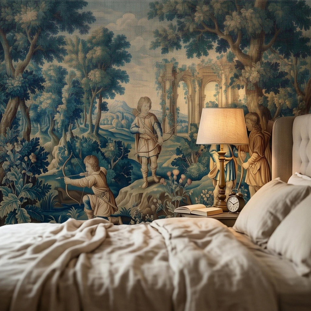 Blue Verdure Hunting Scene Peel and Stick Wall Mural, Vintage Toile de Jouy Archers in Woodland with Ruins, French Scenic Wallpaper