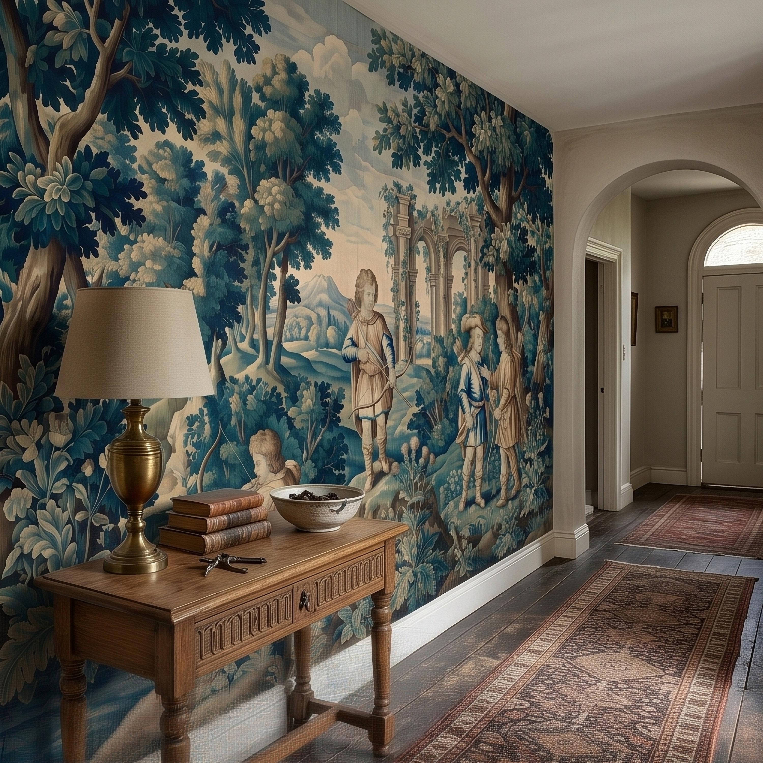 Blue Verdure Hunting Scene Peel and Stick Wall Mural, Vintage Toile de Jouy Archers in Woodland with Ruins, French Scenic Wallpaper