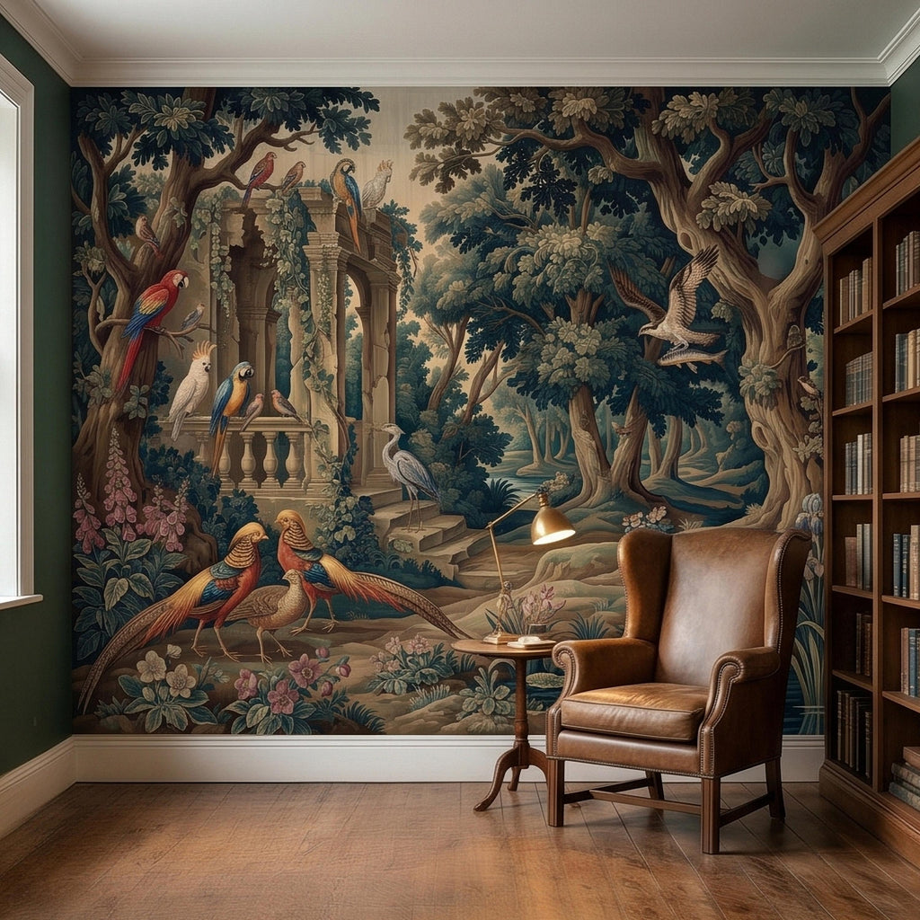 Vintage Botanical Birds Verdure Peel and Stick Wall Mural, Parrot Macaw Woodland with Garden Ruins, Blue Green Scenic French Toile Wallpaper