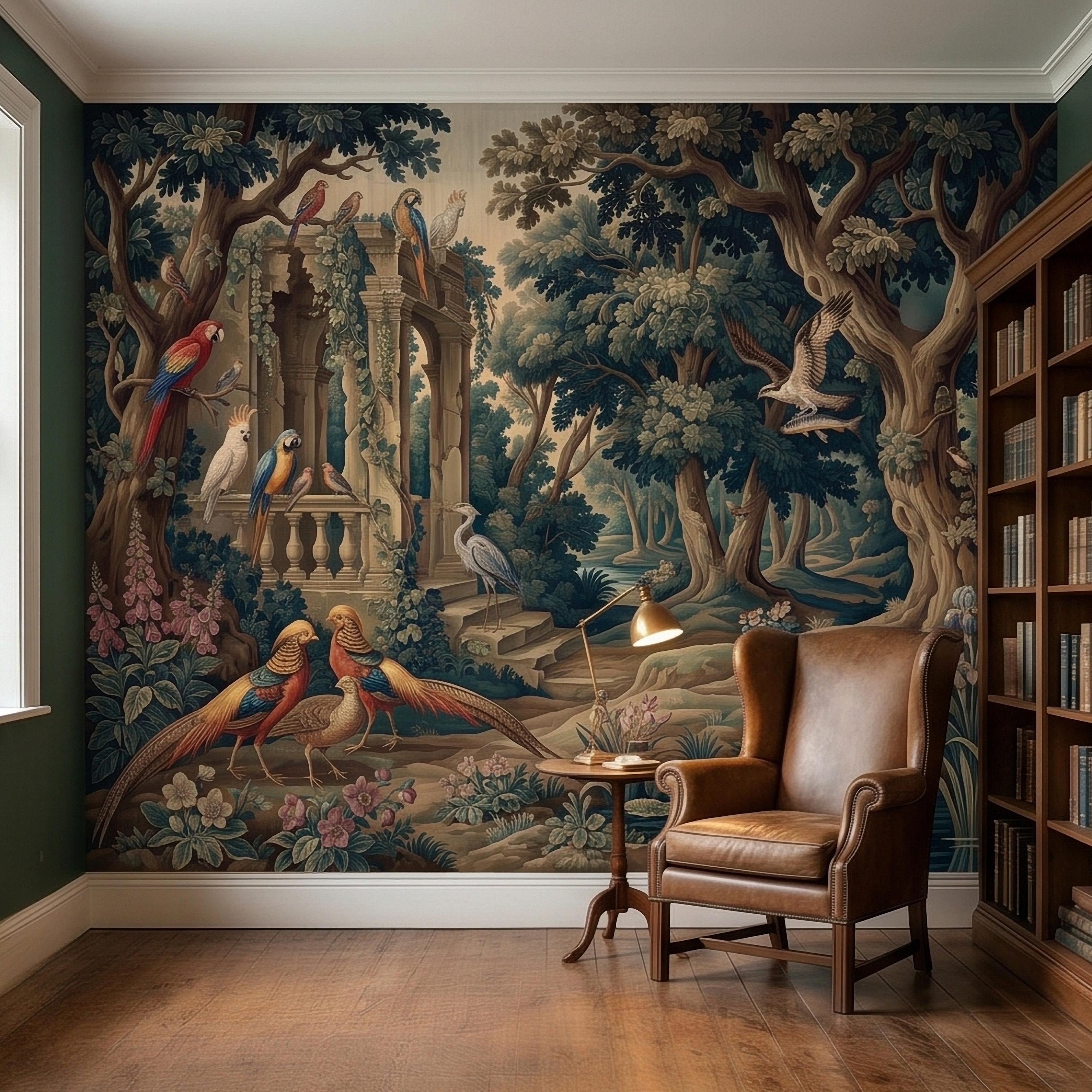 Vintage Botanical Birds Verdure Peel and Stick Wall Mural, Parrot Macaw Woodland with Garden Ruins, Blue Green Scenic French Toile Wallpaper