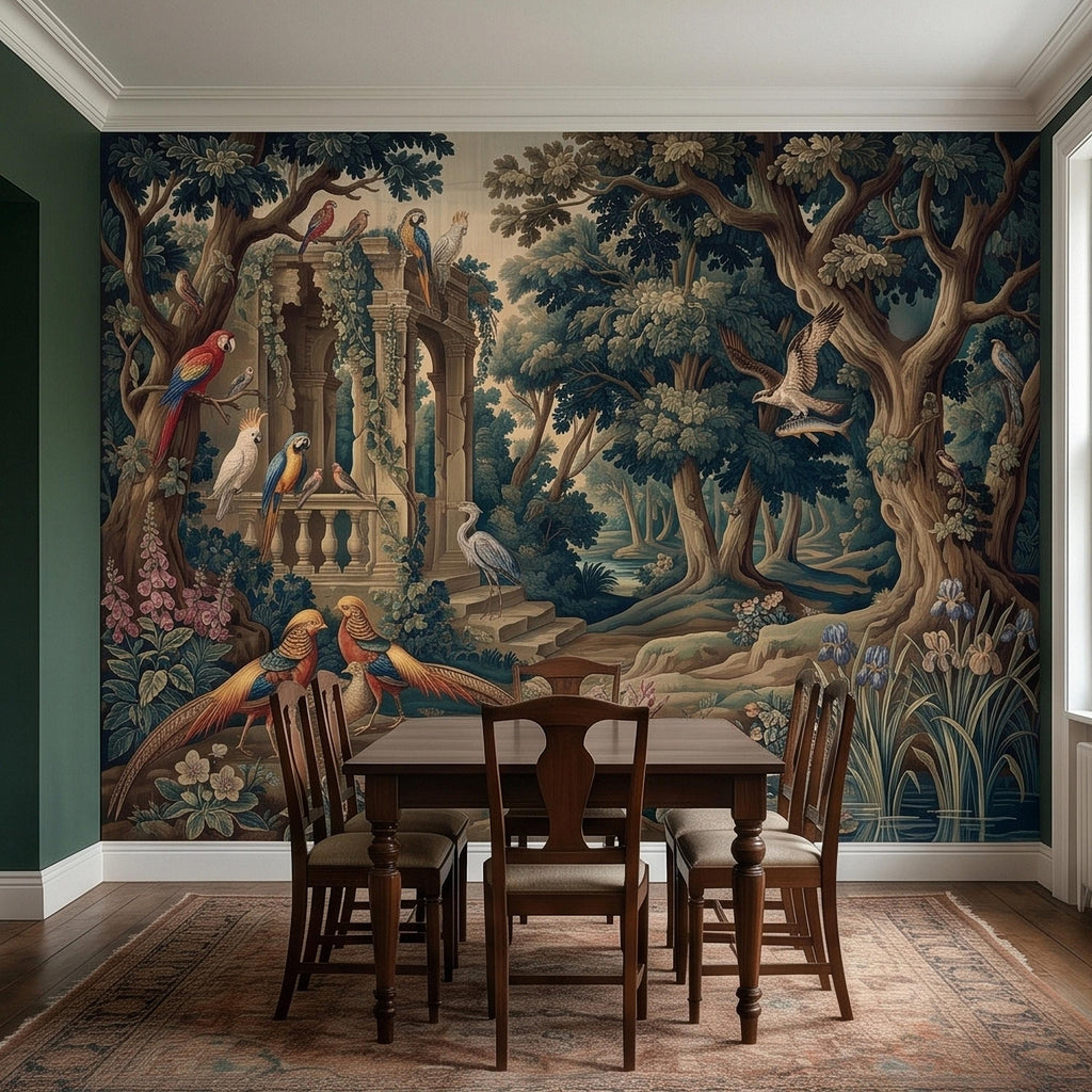 Vintage Botanical Birds Verdure Peel and Stick Wall Mural, Parrot Macaw Woodland with Garden Ruins, Blue Green Scenic French Toile Wallpaper