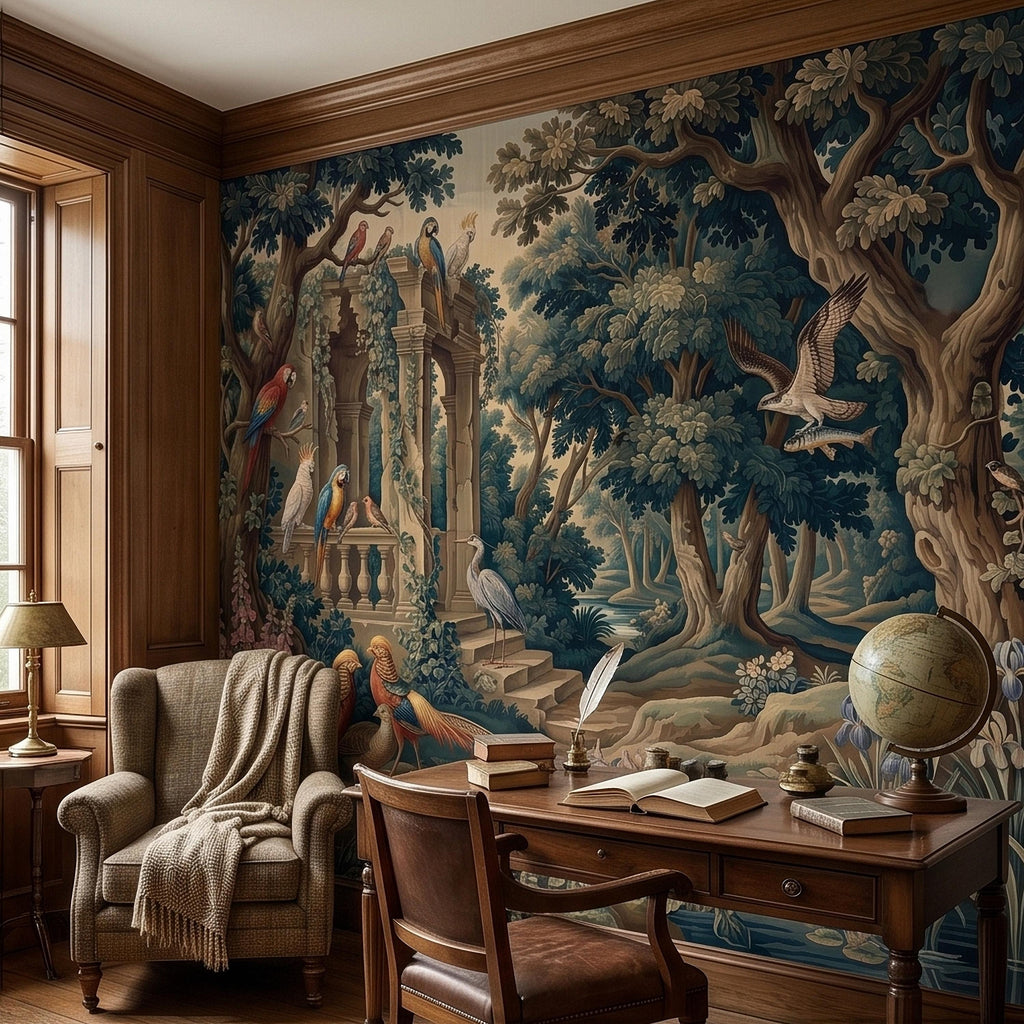 Vintage Botanical Birds Verdure Peel and Stick Wall Mural, Parrot Macaw Woodland with Garden Ruins, Blue Green Scenic French Toile Wallpaper