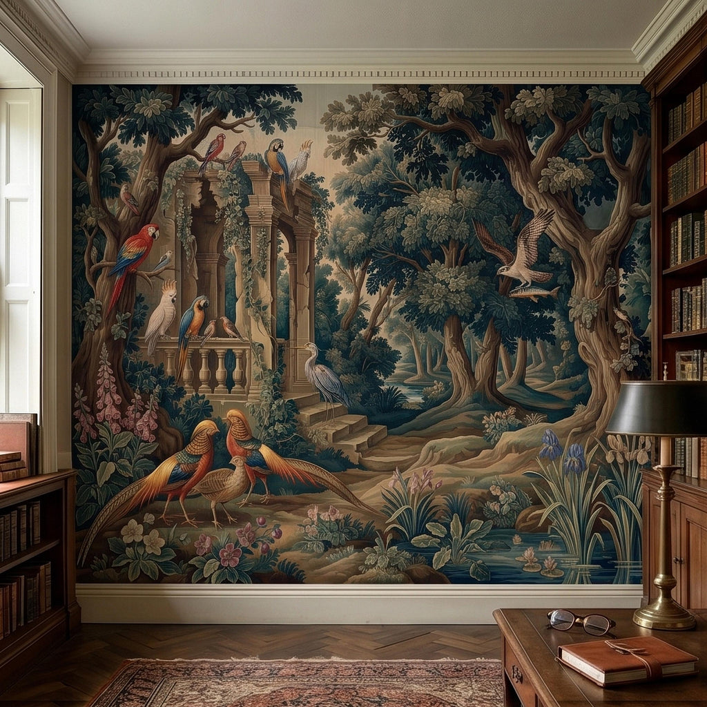 Vintage Botanical Birds Verdure Peel and Stick Wall Mural, Parrot Macaw Woodland with Garden Ruins, Blue Green Scenic French Toile Wallpaper