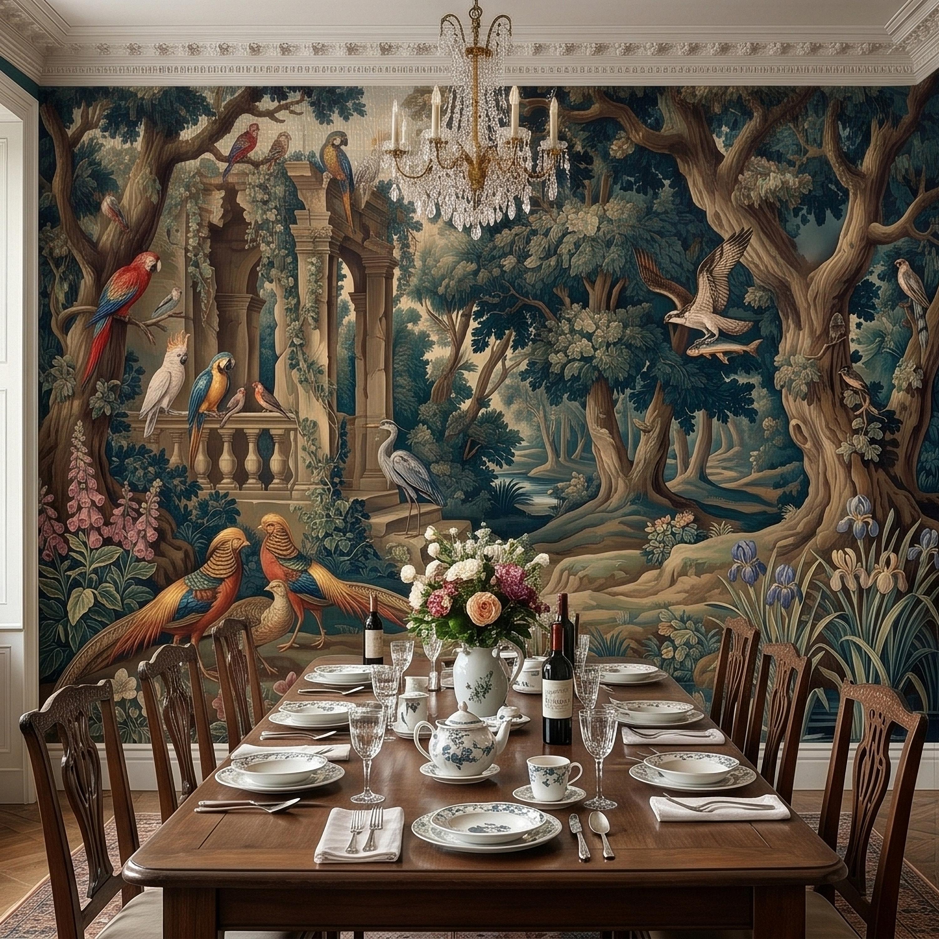 Vintage Botanical Birds Verdure Peel and Stick Wall Mural, Parrot Macaw Woodland with Garden Ruins, Blue Green Scenic French Toile Wallpaper