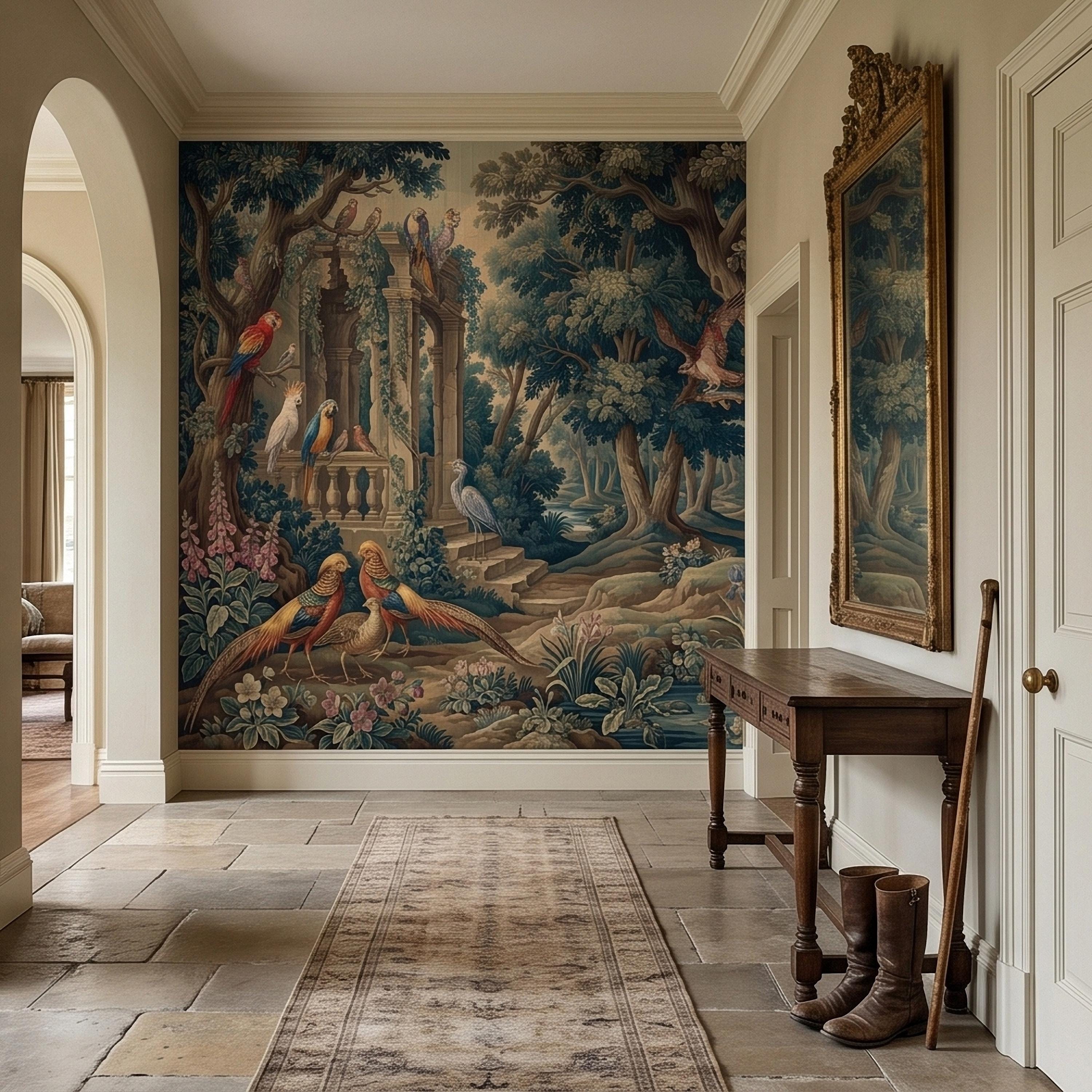 Vintage Botanical Birds Verdure Peel and Stick Wall Mural, Parrot Macaw Woodland with Garden Ruins, Blue Green Scenic French Toile Wallpaper