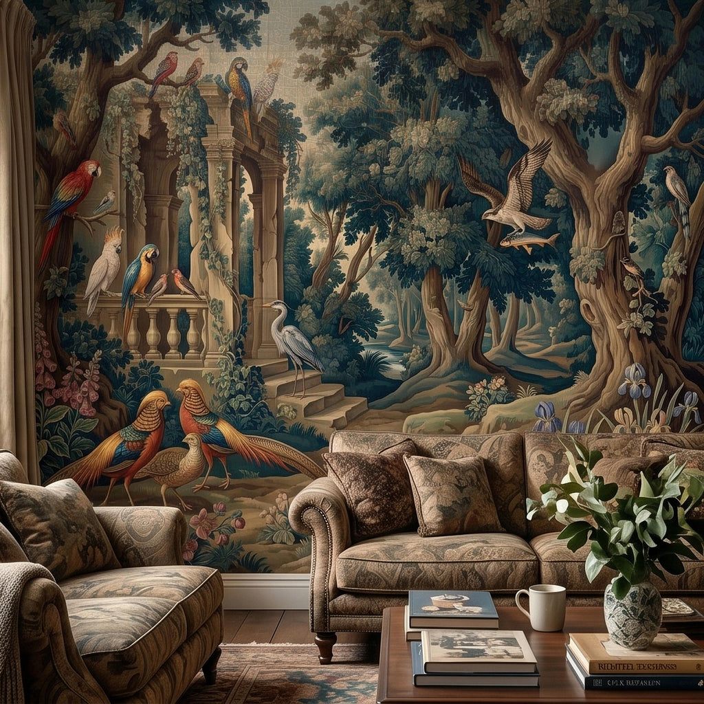Vintage Botanical Birds Verdure Peel and Stick Wall Mural, Parrot Macaw Woodland with Garden Ruins, Blue Green Scenic French Toile Wallpaper