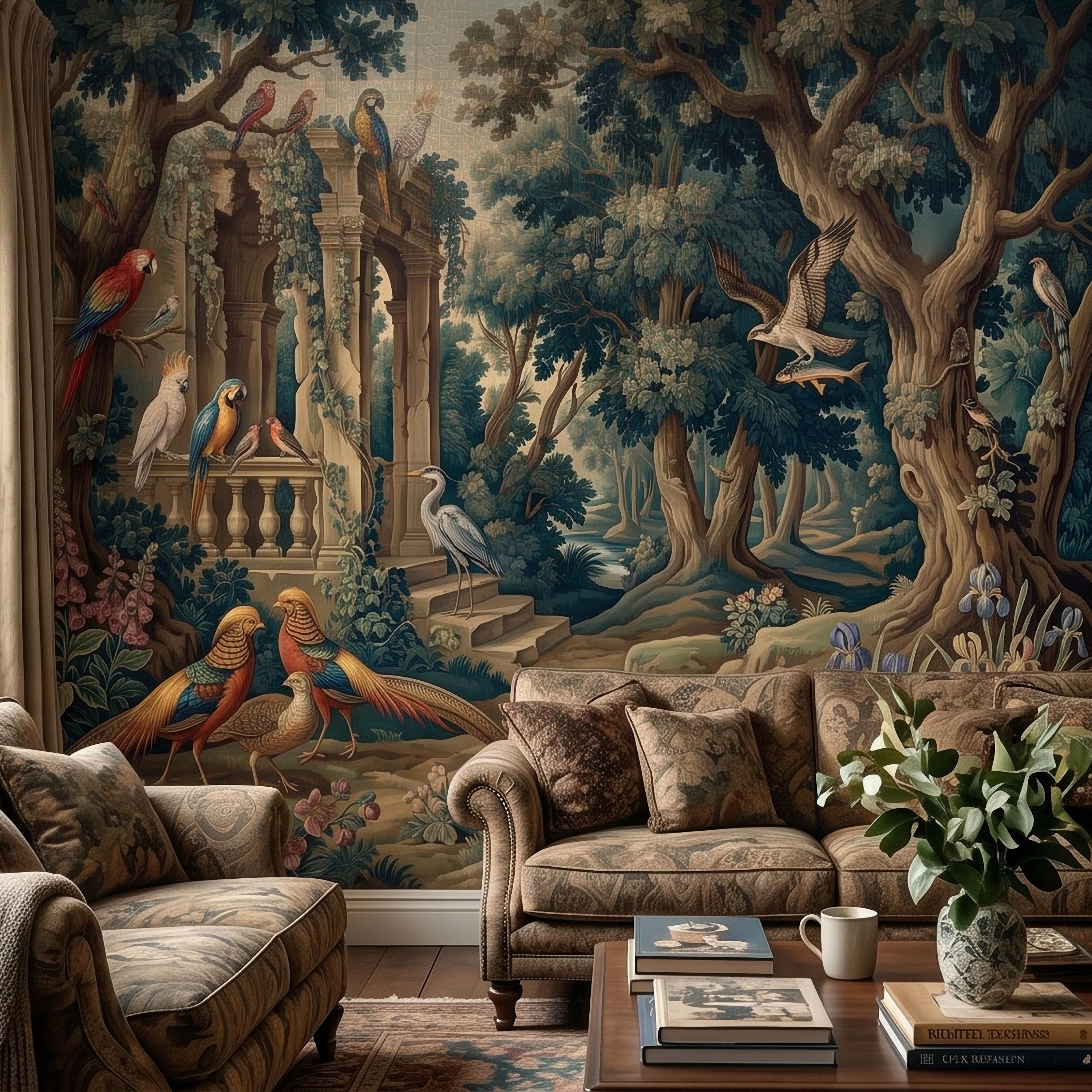 Vintage Botanical Birds Verdure Peel and Stick Wall Mural, Parrot Macaw Woodland with Garden Ruins, Blue Green Scenic French Toile Wallpaper