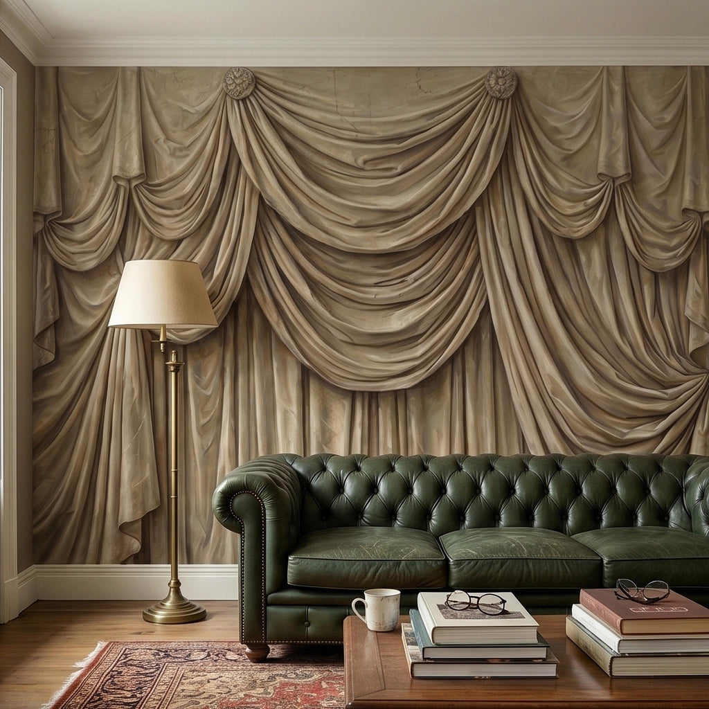 Vintage Drapery Curtain Peel and Stick Wall Mural, Neutral Beige Trompe L'Oeil Theater Stage Curtain Backdrop, Old World Wallpaper