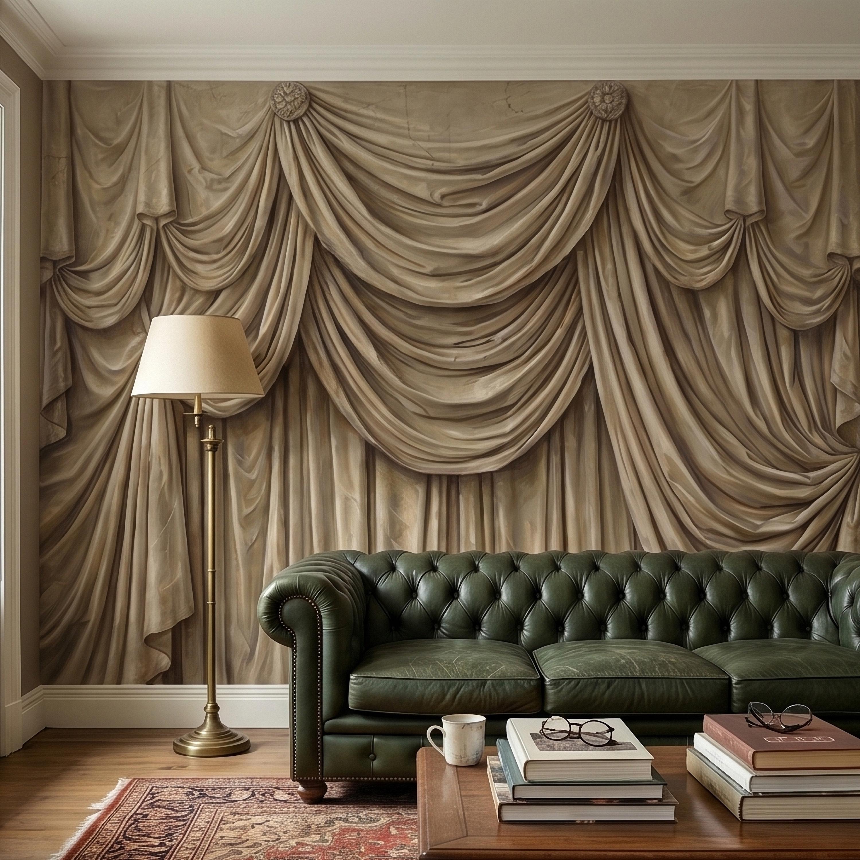 Vintage Drapery Curtain Peel and Stick Wall Mural, Neutral Beige Trompe L'Oeil Theater Stage Curtain Backdrop, Old World Wallpaper