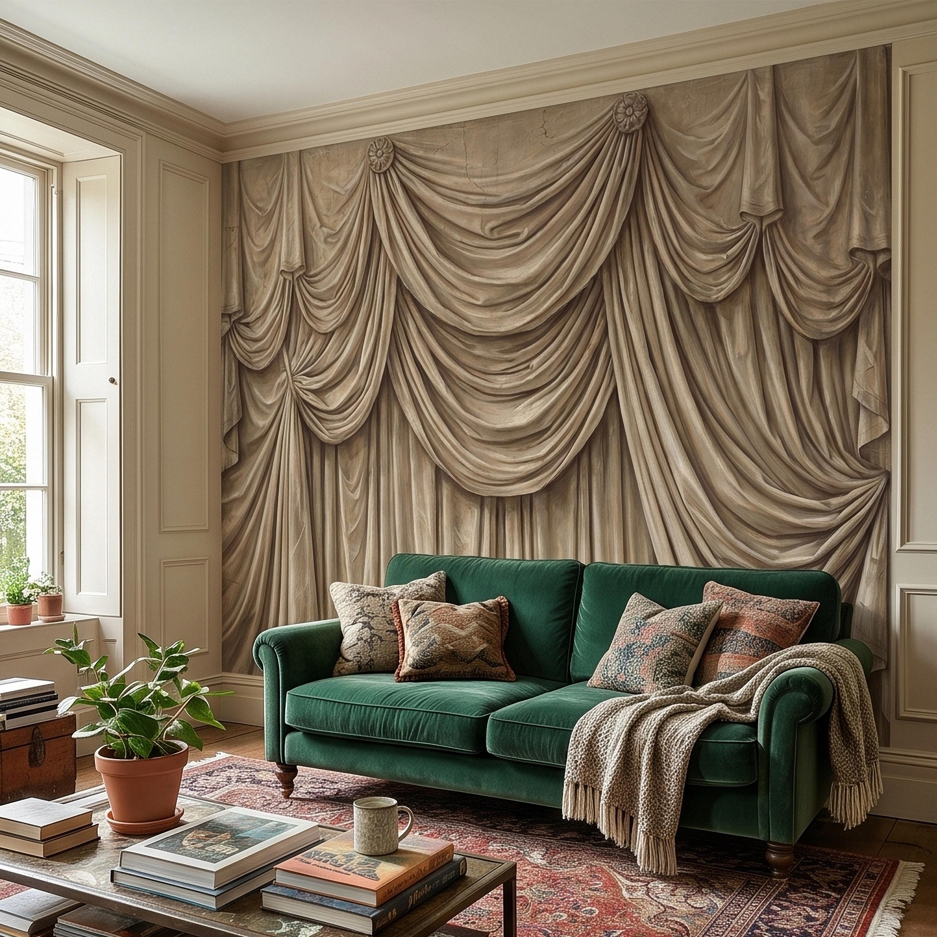 Vintage Drapery Curtain Peel and Stick Wall Mural, Neutral Beige Trompe L'Oeil Theater Stage Curtain Backdrop, Old World Wallpaper