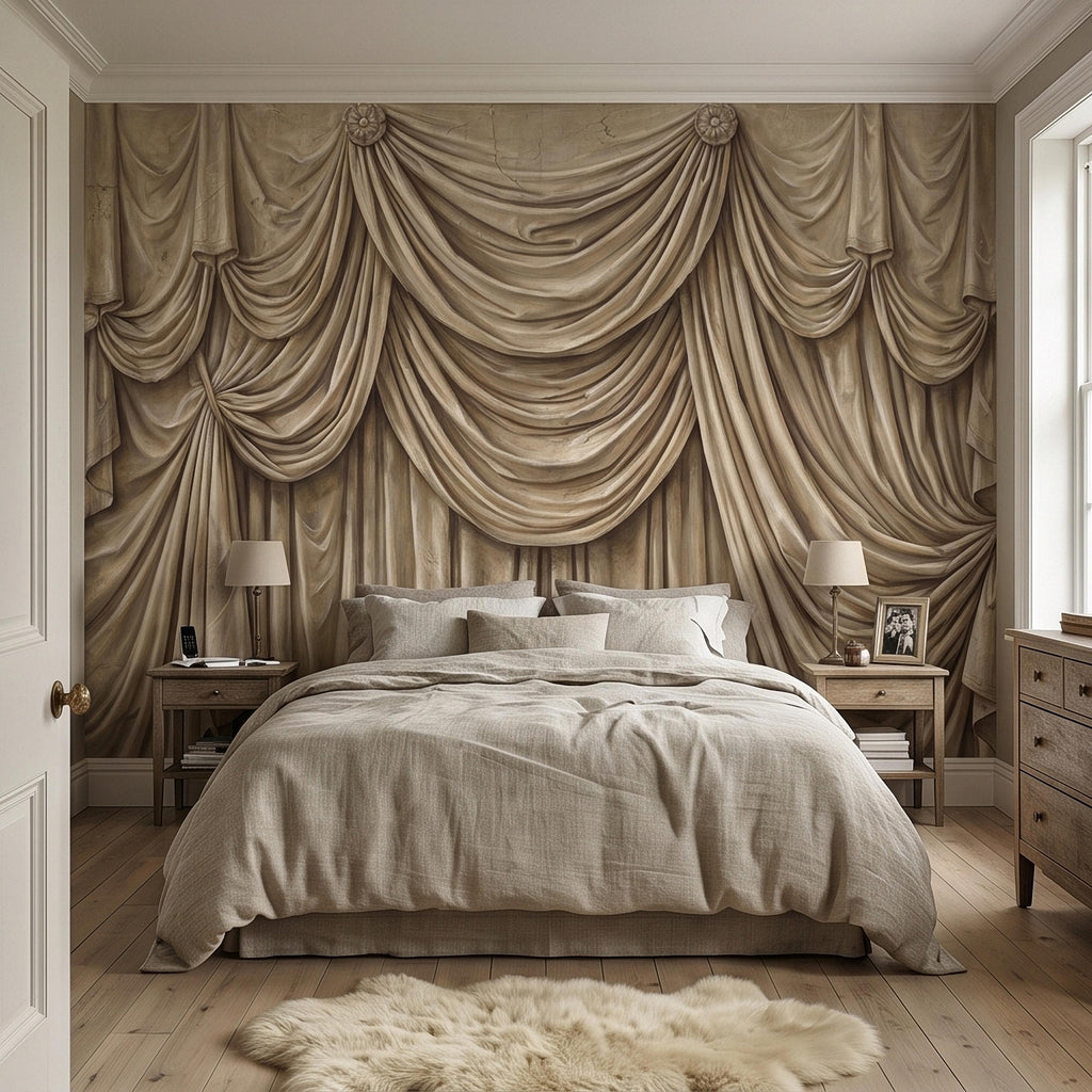 Vintage Drapery Curtain Peel and Stick Wall Mural, Neutral Beige Trompe L'Oeil Theater Stage Curtain Backdrop, Old World Wallpaper