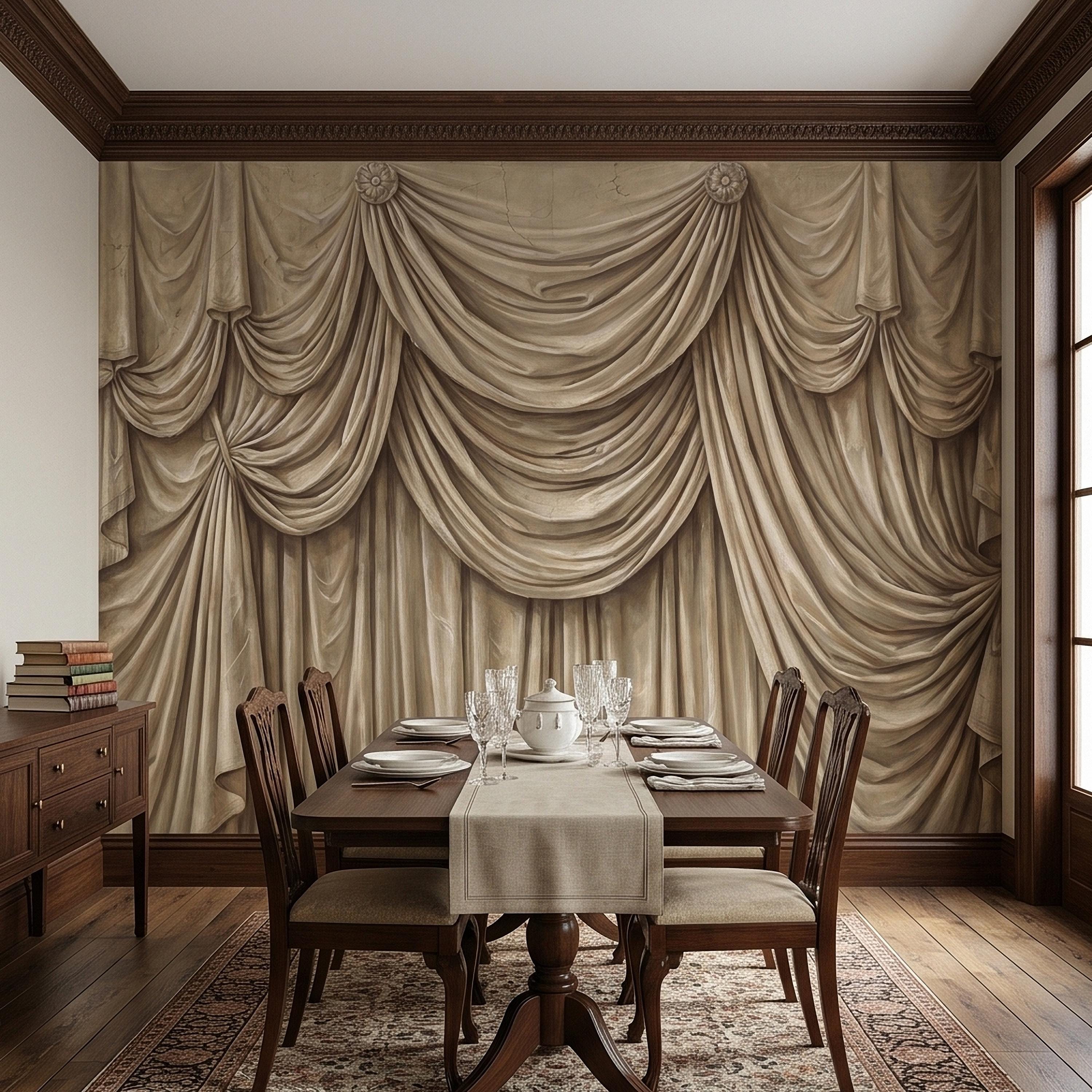 Vintage Drapery Curtain Peel and Stick Wall Mural, Neutral Beige Trompe L'Oeil Theater Stage Curtain Backdrop, Old World Wallpaper
