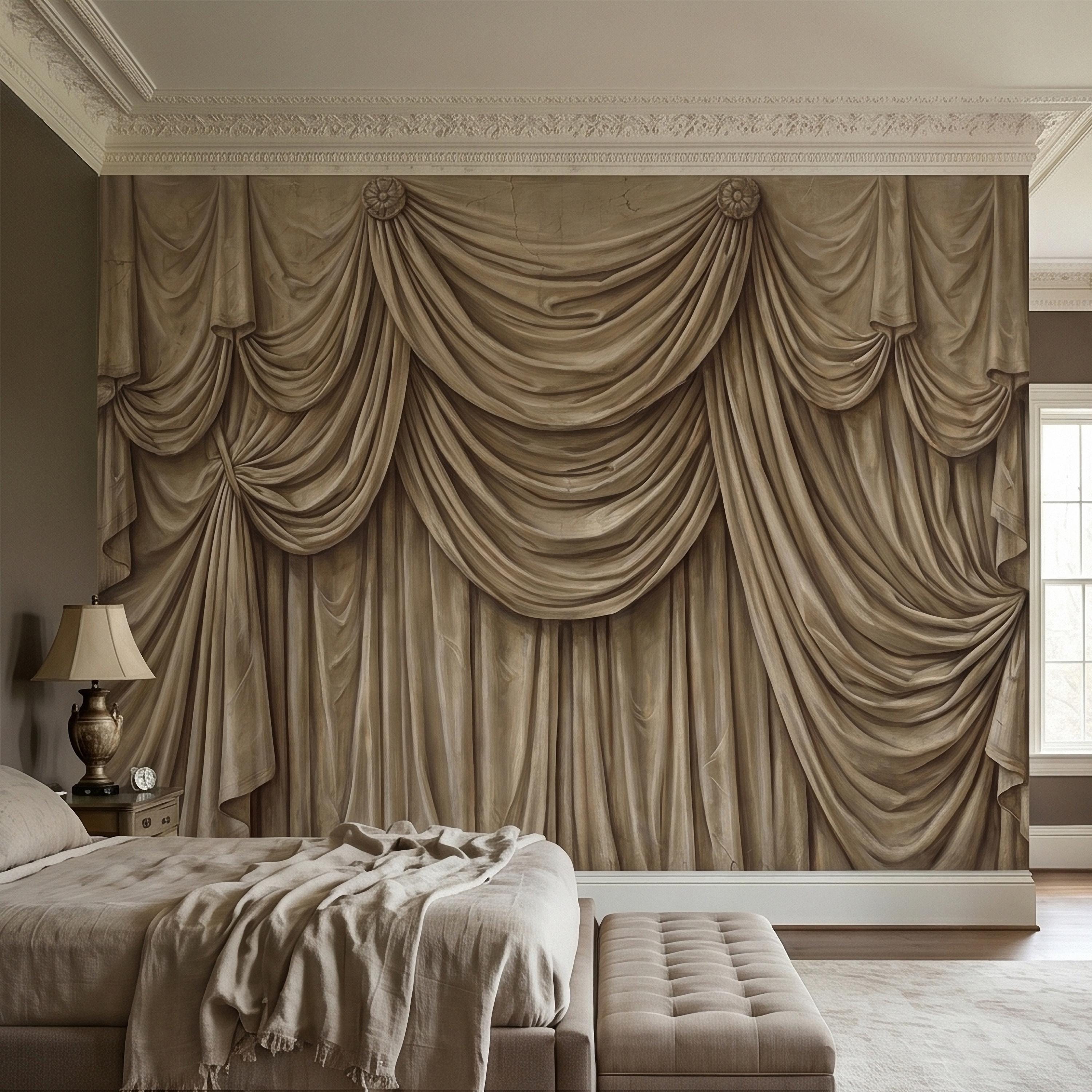 Vintage Drapery Curtain Peel and Stick Wall Mural, Neutral Beige Trompe L'Oeil Theater Stage Curtain Backdrop, Old World Wallpaper