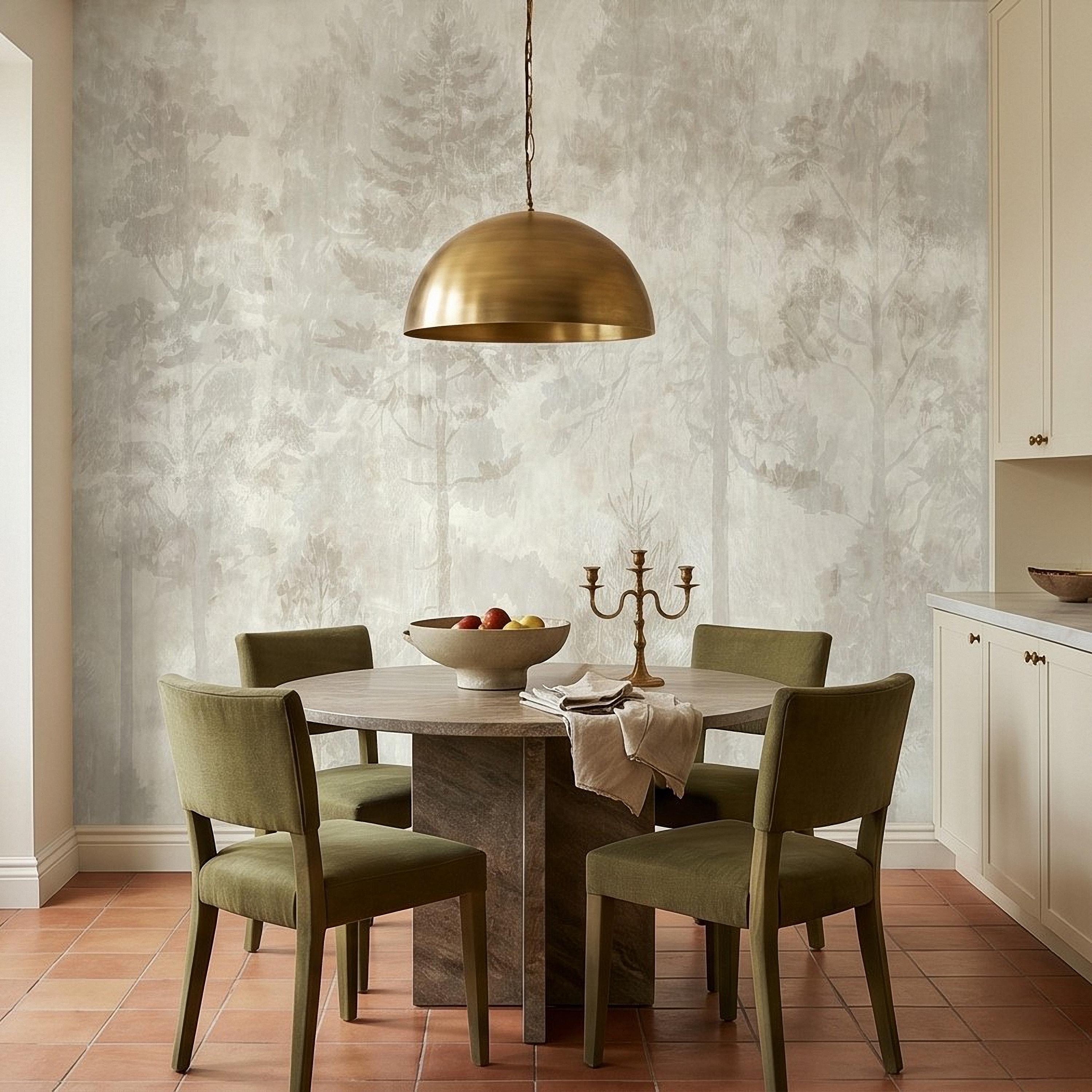 Neutral Misty Forest Peel and Stick Wall Mural, Foggy Woodland Tree Silhouettes, Minimal Scandinavian Nature Background Textured Wallpaper