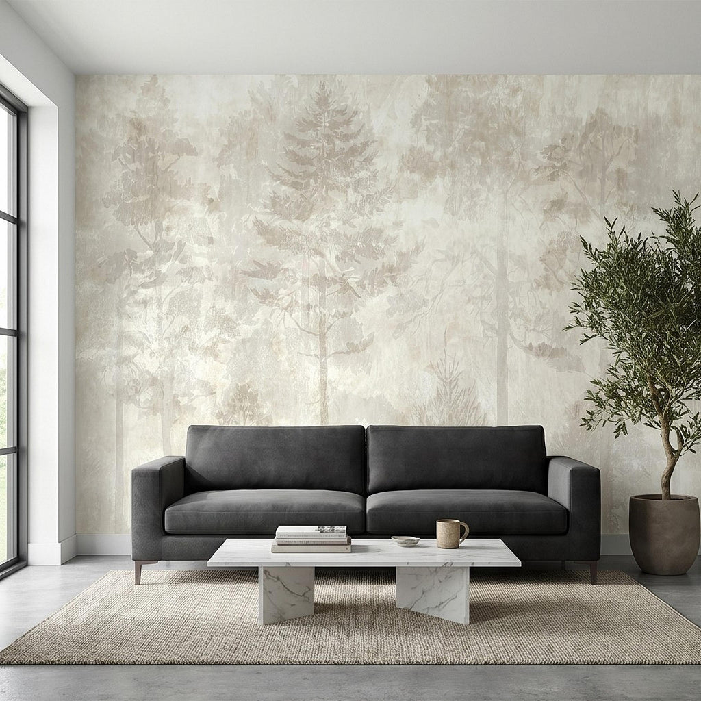 Neutral Misty Forest Peel and Stick Wall Mural, Foggy Woodland Tree Silhouettes, Minimal Scandinavian Nature Background Textured Wallpaper
