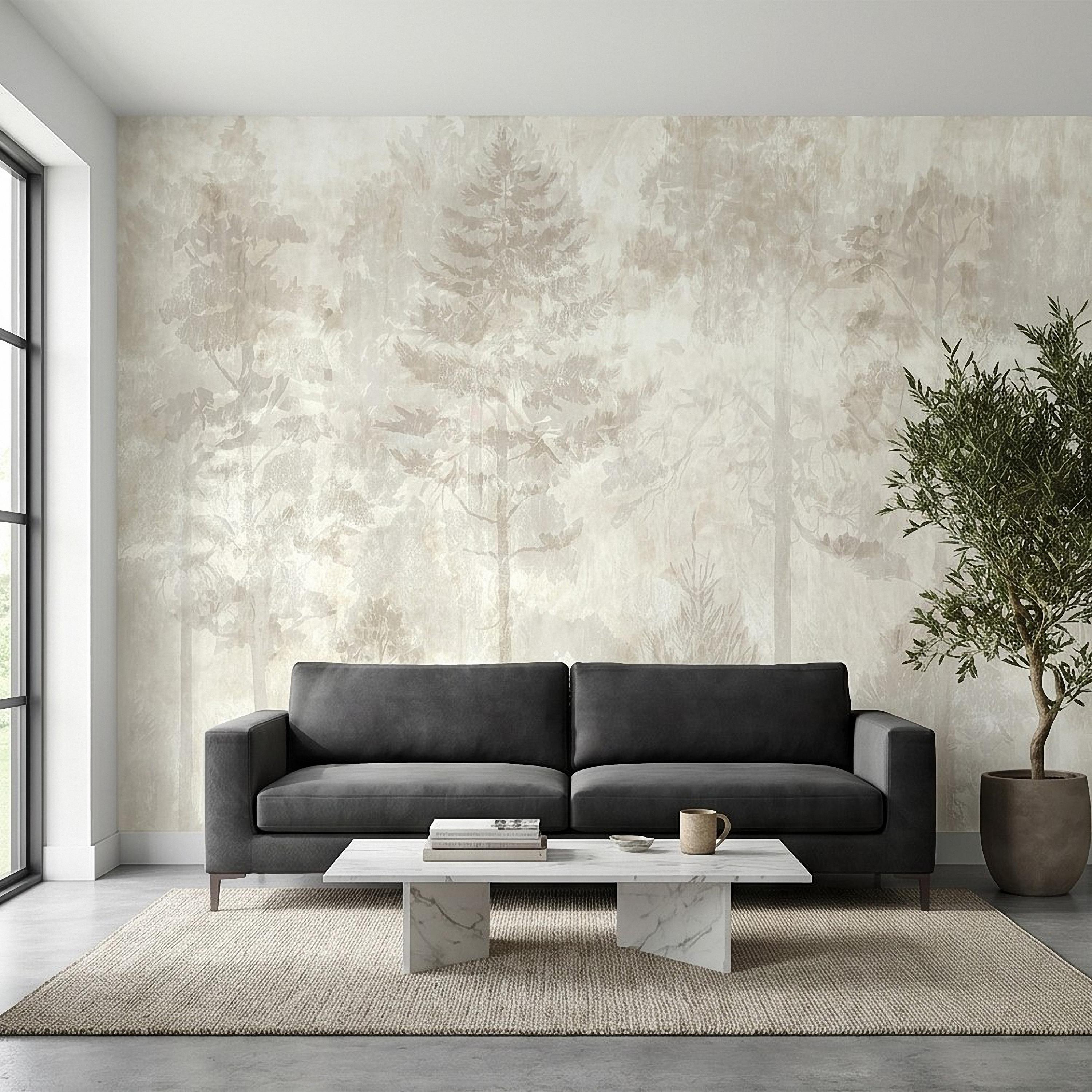 Neutral Misty Forest Peel and Stick Wall Mural, Foggy Woodland Tree Silhouettes, Minimal Scandinavian Nature Background Textured Wallpaper