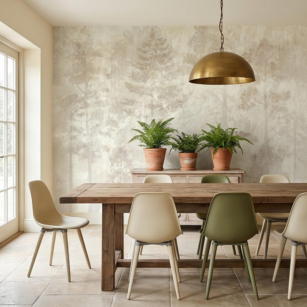 Neutral Misty Forest Peel and Stick Wall Mural, Foggy Woodland Tree Silhouettes, Minimal Scandinavian Nature Background Textured Wallpaper