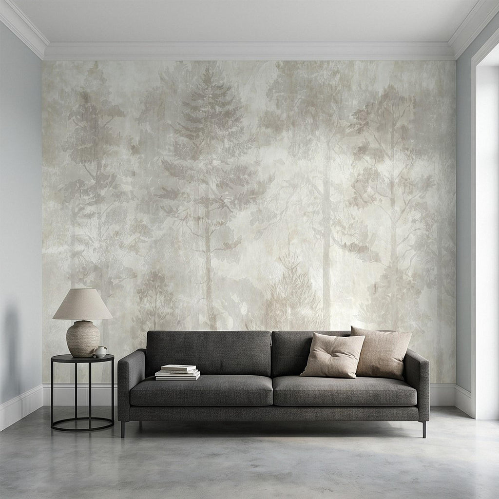 Neutral Misty Forest Peel and Stick Wall Mural, Foggy Woodland Tree Silhouettes, Minimal Scandinavian Nature Background Textured Wallpaper