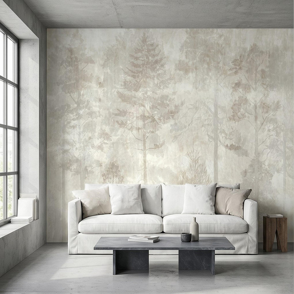 Neutral Misty Forest Peel and Stick Wall Mural, Foggy Woodland Tree Silhouettes, Minimal Scandinavian Nature Background Textured Wallpaper