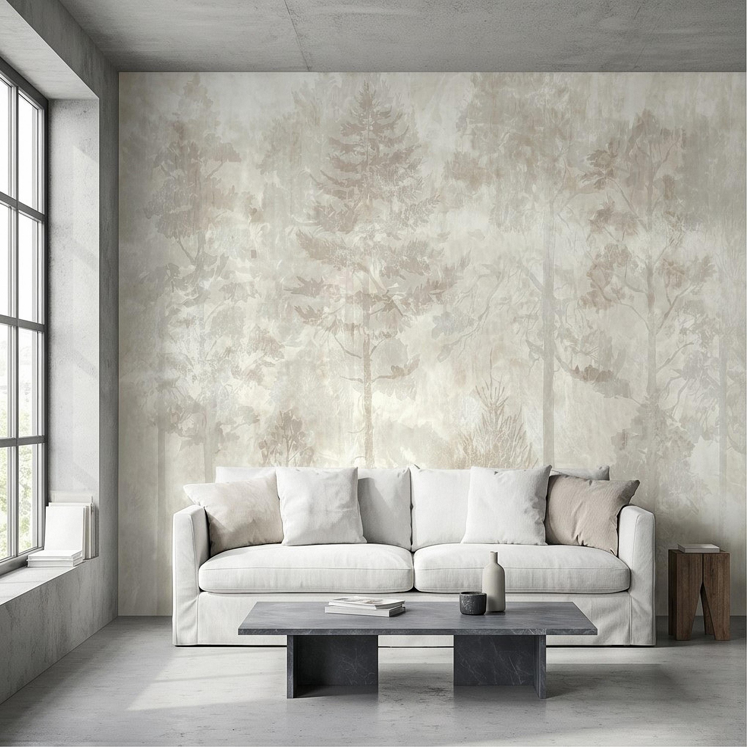 Neutral Misty Forest Peel and Stick Wall Mural, Foggy Woodland Tree Silhouettes, Minimal Scandinavian Nature Background Textured Wallpaper