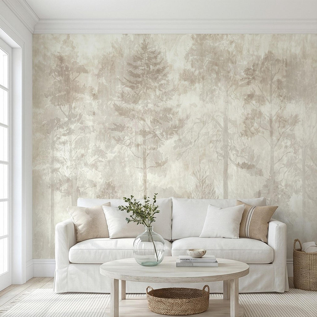 Neutral Misty Forest Peel and Stick Wall Mural, Foggy Woodland Tree Silhouettes, Minimal Scandinavian Nature Background Textured Wallpaper