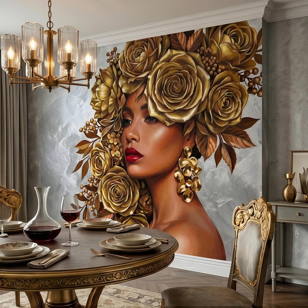 Golden Rose Portrait Peel and Stick Wall Mural, Glam Floral Woman Face Fashion Art with Silver Texture Luxury Modern Wallpaper