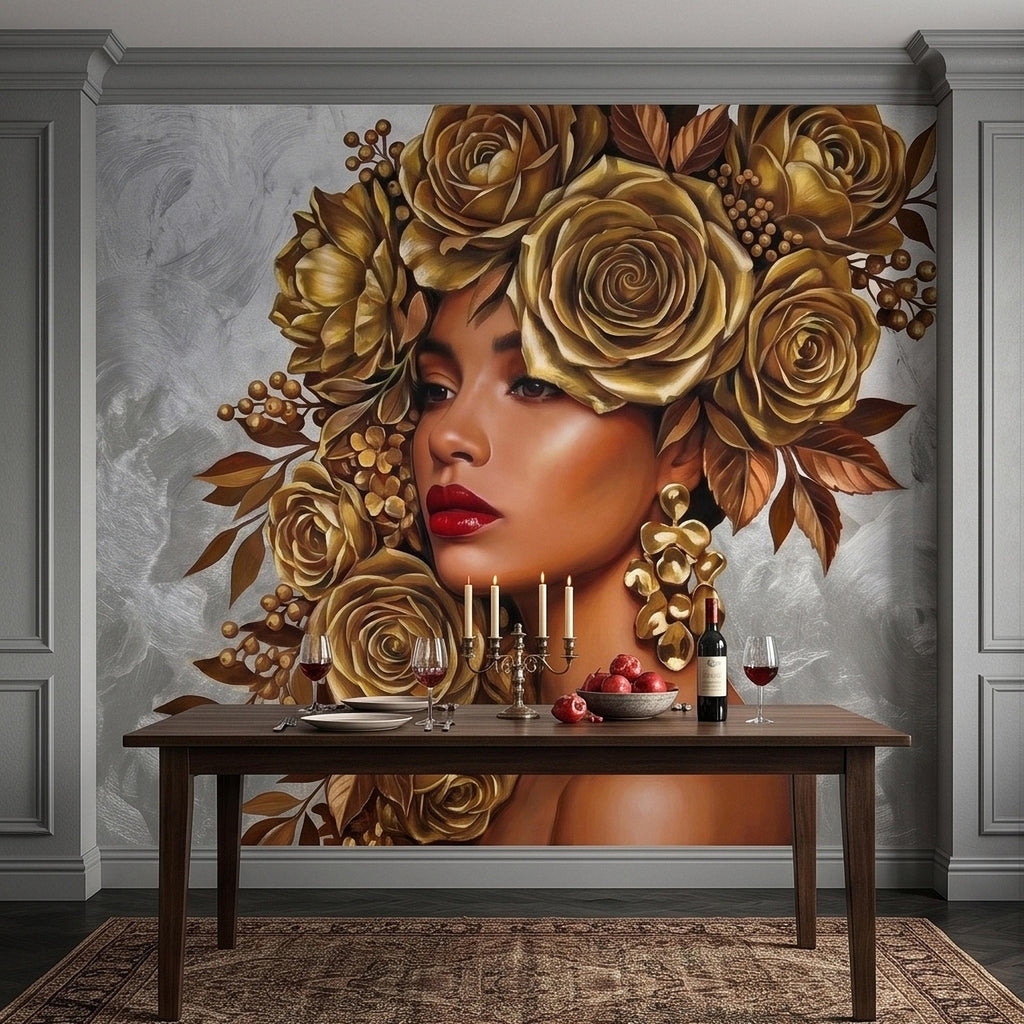 Golden Rose Portrait Peel and Stick Wall Mural, Glam Floral Woman Face Fashion Art with Silver Texture Luxury Modern Wallpaper