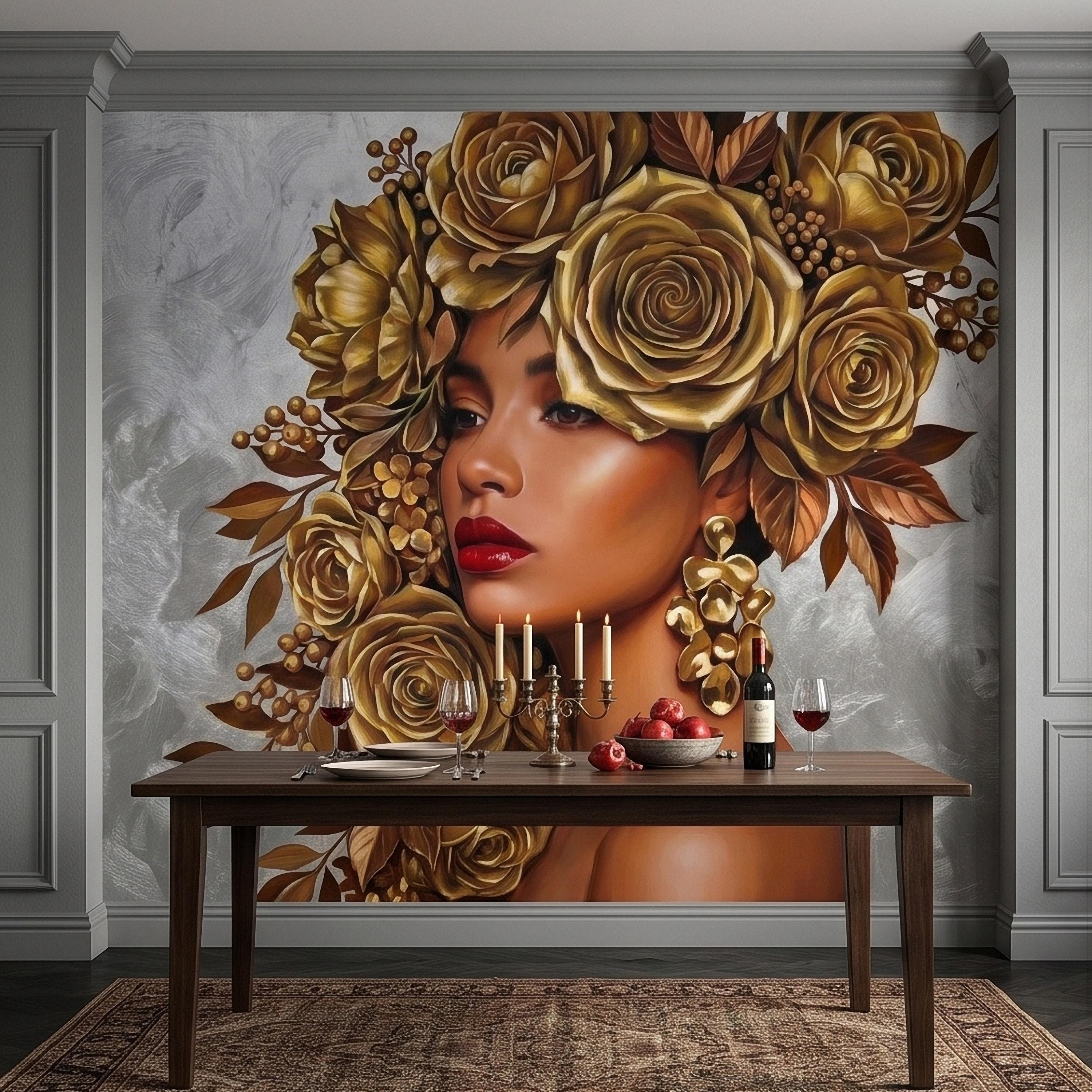Golden Rose Portrait Peel and Stick Wall Mural, Glam Floral Woman Face Fashion Art with Silver Texture Luxury Modern Wallpaper