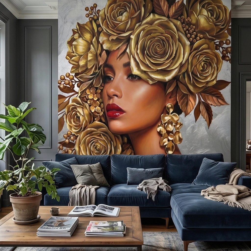 Golden Rose Portrait Peel and Stick Wall Mural, Glam Floral Woman Face Fashion Art with Silver Texture Luxury Modern Wallpaper