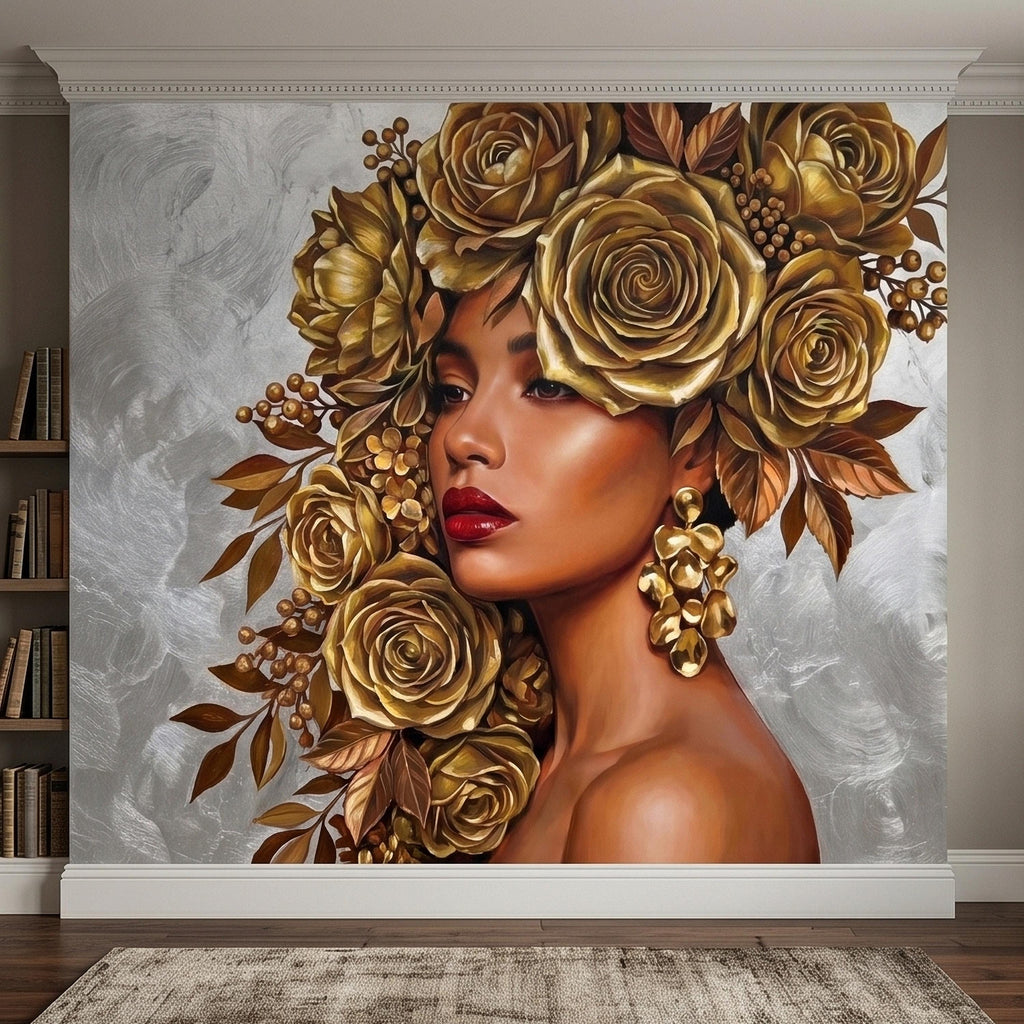 Golden Rose Portrait Peel and Stick Wall Mural, Glam Floral Woman Face Fashion Art with Silver Texture Luxury Modern Wallpaper