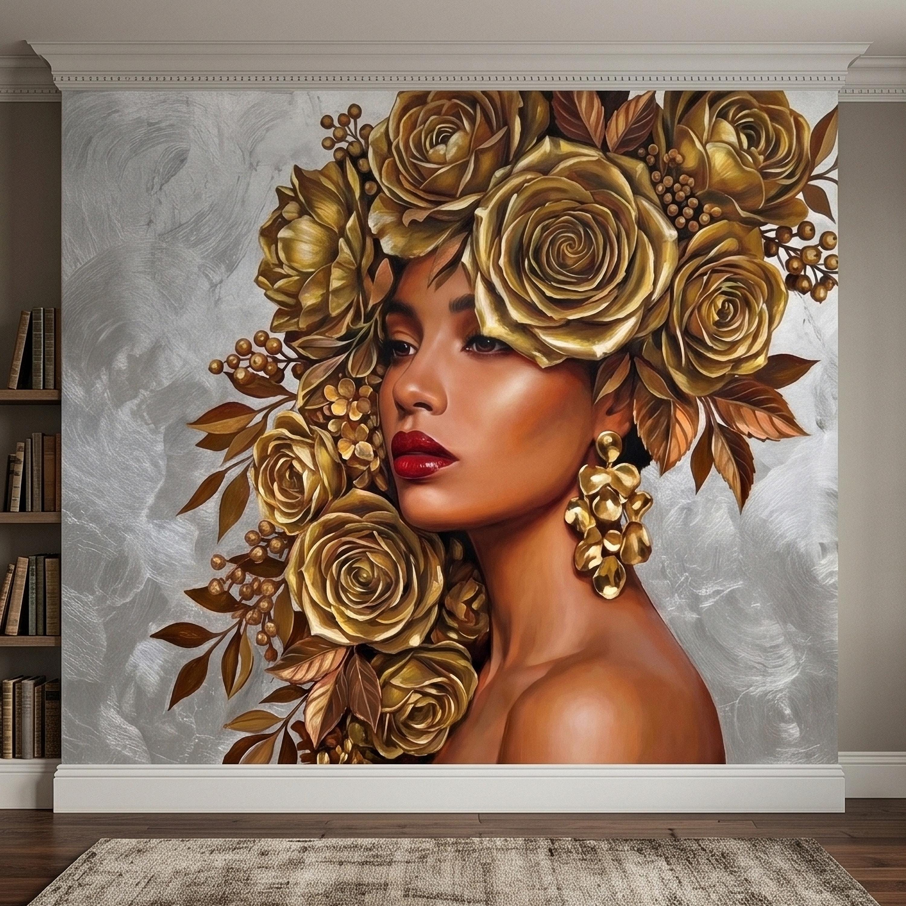 Golden Rose Portrait Peel and Stick Wall Mural, Glam Floral Woman Face Fashion Art with Silver Texture Luxury Modern Wallpaper