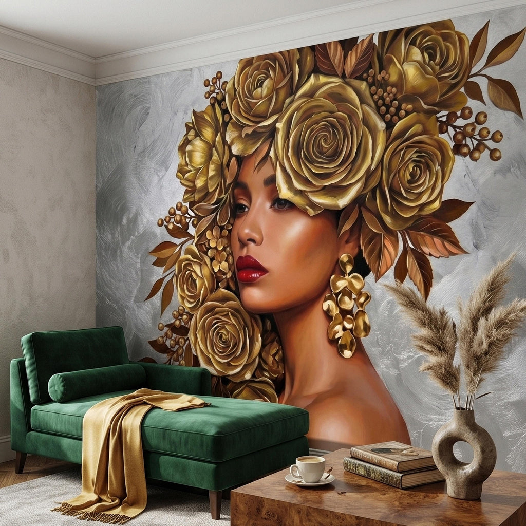 Golden Rose Portrait Peel and Stick Wall Mural, Glam Floral Woman Face Fashion Art with Silver Texture Luxury Modern Wallpaper