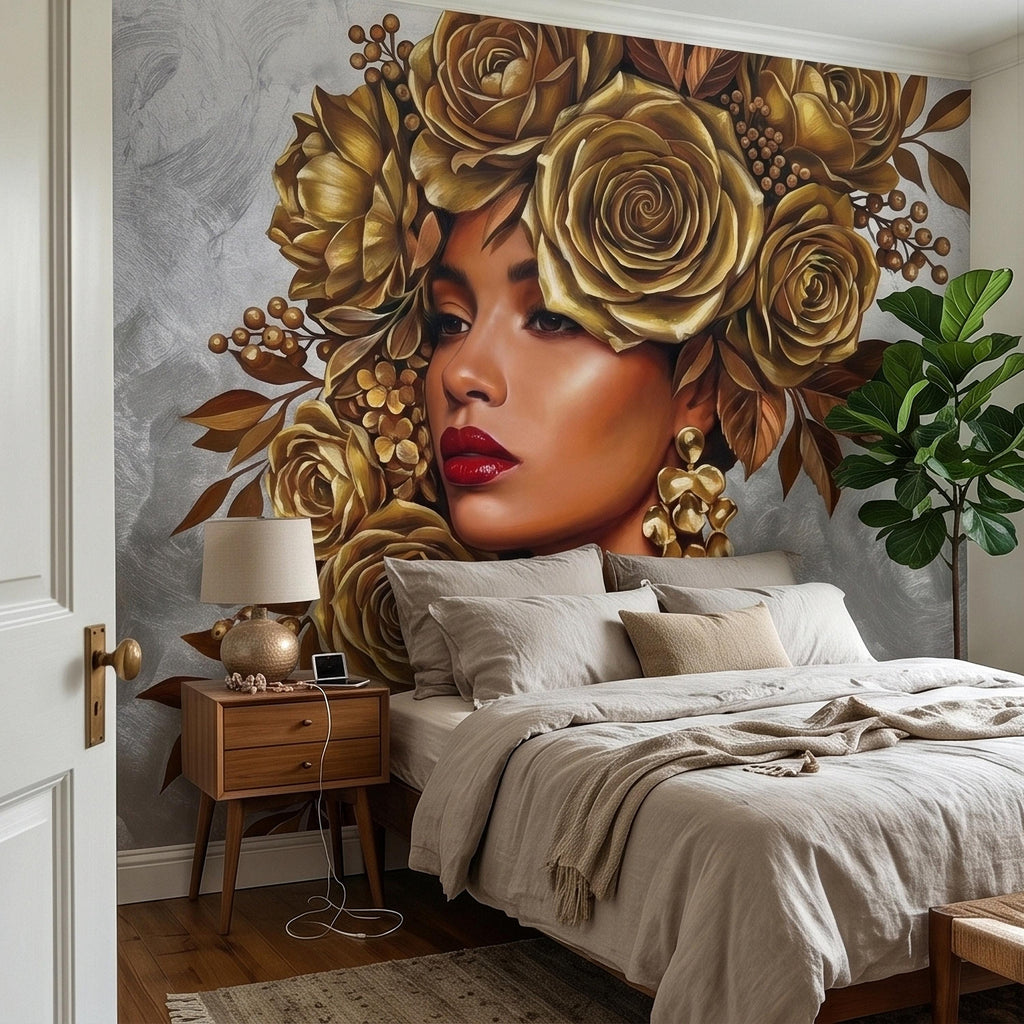 Golden Rose Portrait Peel and Stick Wall Mural, Glam Floral Woman Face Fashion Art with Silver Texture Luxury Modern Wallpaper
