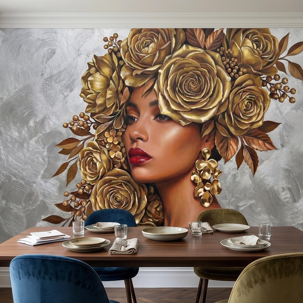 Golden Rose Portrait Peel and Stick Wall Mural, Glam Floral Woman Face Fashion Art with Silver Texture Luxury Modern Wallpaper