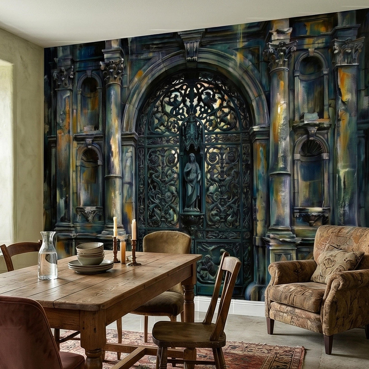 Gothic Cathedral Gate Peel and Stick Wall Mural, Moody Teal Patina Watercolor Archway with Ornate Ironwork, Dark Vintage Old World Wallpaper - The Fine Art Murals