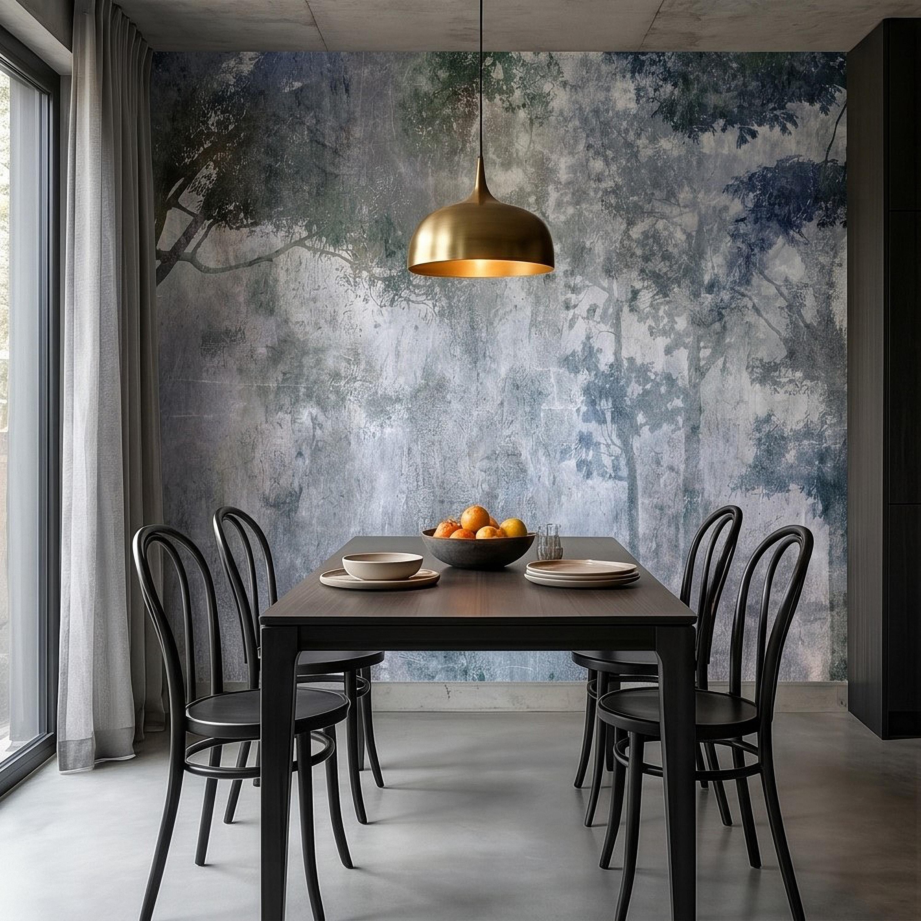 Abstract Forest Shadow Peel and Stick Wall Mural, Blue Gray Textured Plaster, Moody Tree Canopy Silhouette, Wabi Sabi Japandi Wallpaper