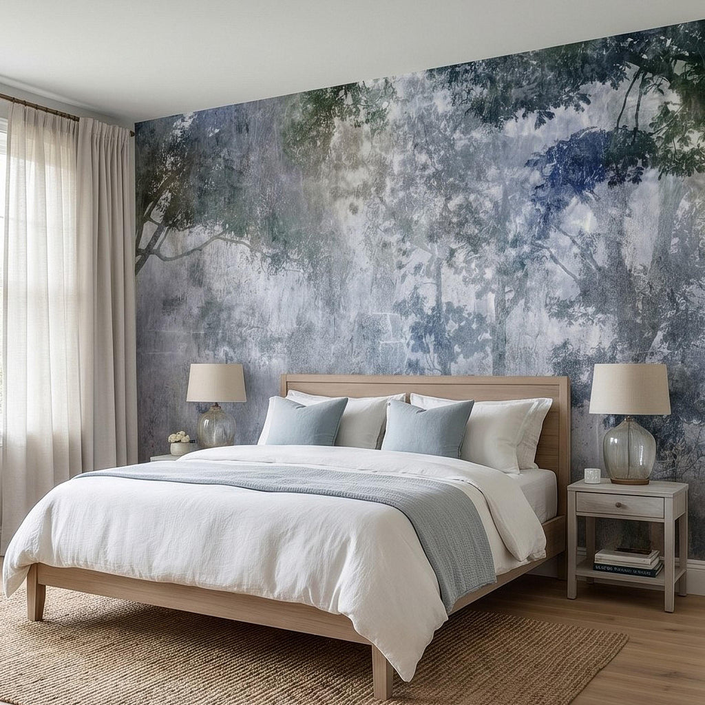 Abstract Forest Shadow Peel and Stick Wall Mural, Blue Gray Textured Plaster, Moody Tree Canopy Silhouette, Wabi Sabi Japandi Wallpaper