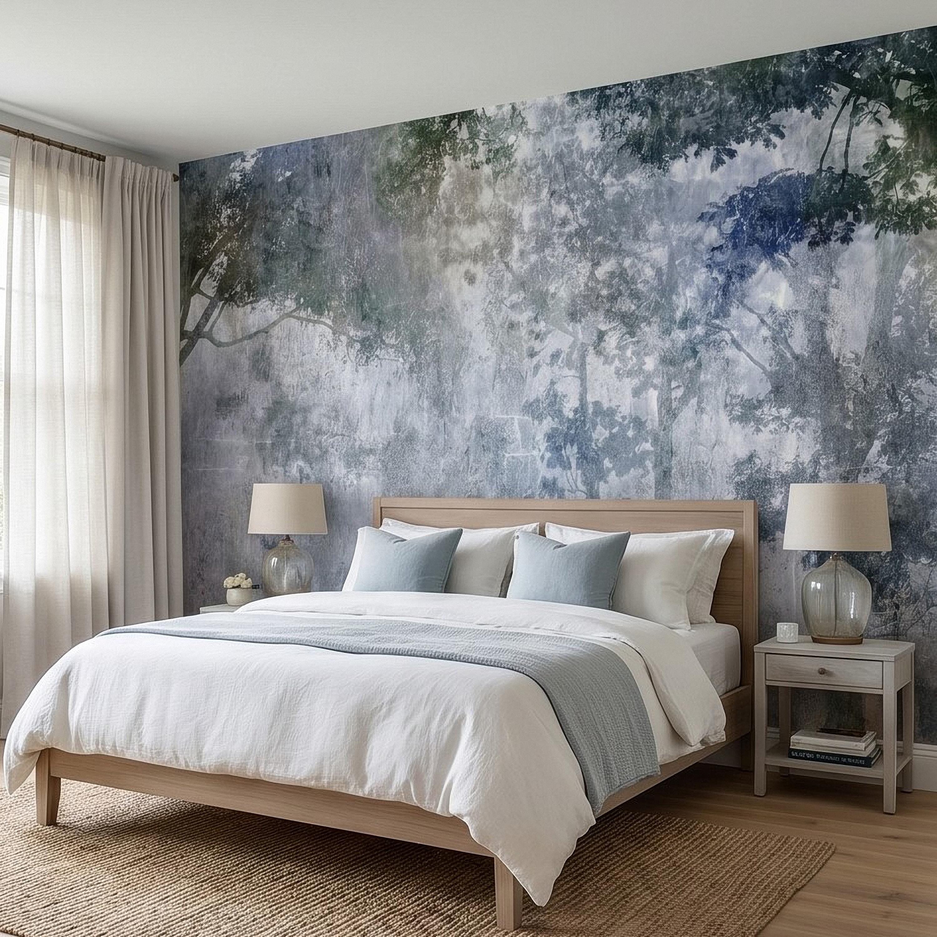 Abstract Forest Shadow Peel and Stick Wall Mural, Blue Gray Textured Plaster, Moody Tree Canopy Silhouette, Wabi Sabi Japandi Wallpaper