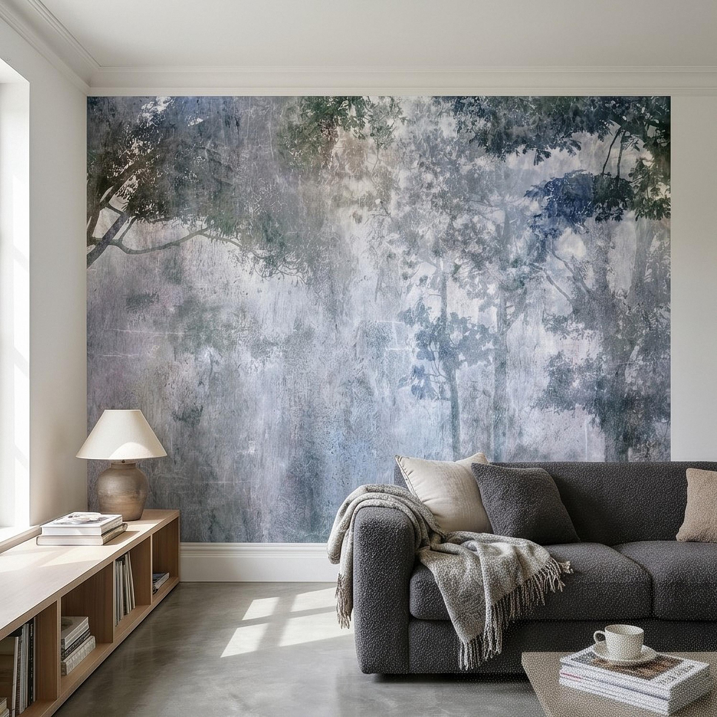 Abstract Forest Shadow Peel and Stick Wall Mural, Blue Gray Textured Plaster, Moody Tree Canopy Silhouette, Wabi Sabi Japandi Wallpaper