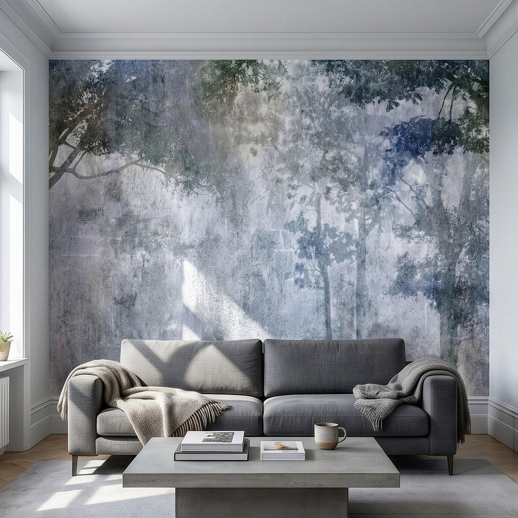 Abstract Forest Shadow Peel and Stick Wall Mural, Blue Gray Textured Plaster, Moody Tree Canopy Silhouette, Wabi Sabi Japandi Wallpaper