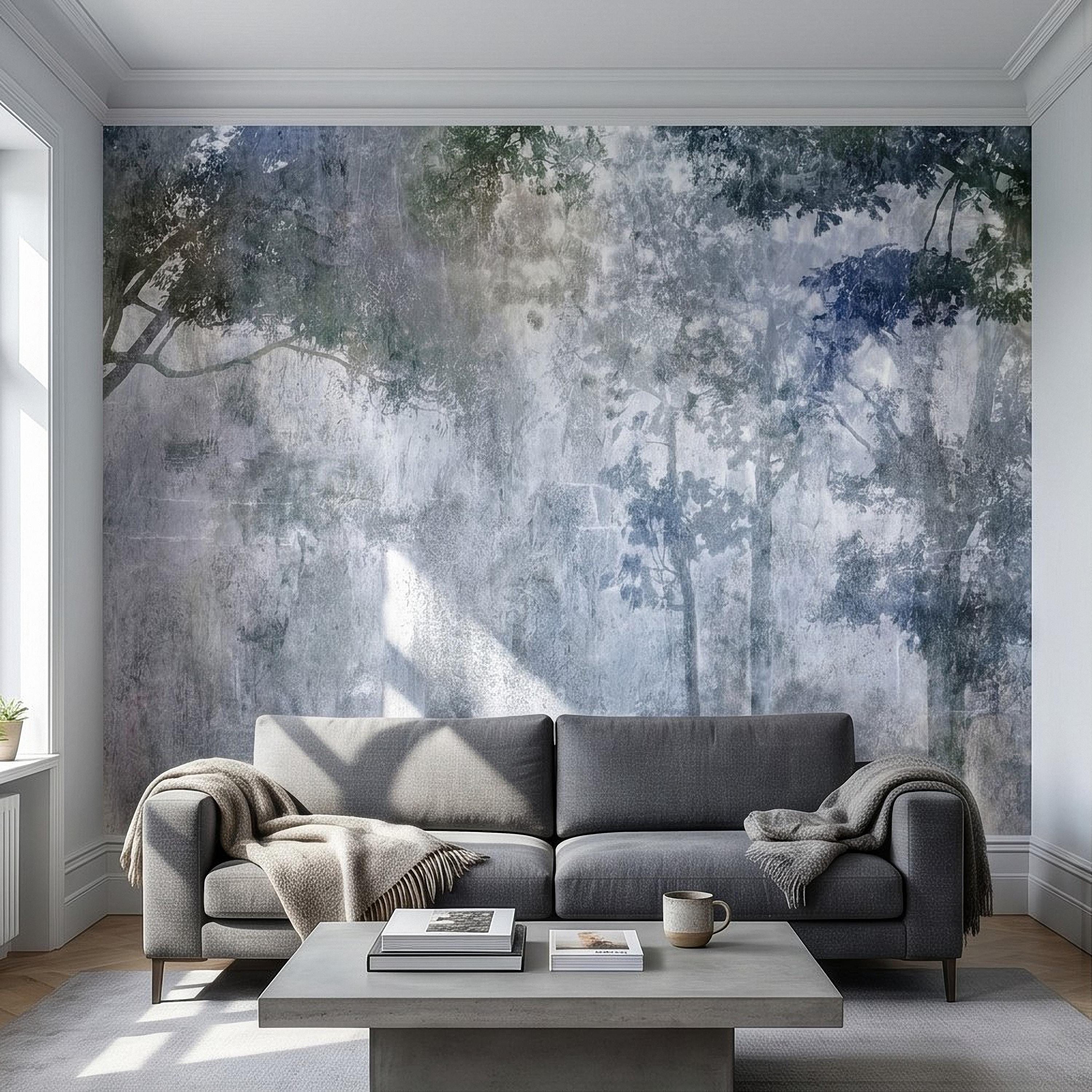 Abstract Forest Shadow Peel and Stick Wall Mural, Blue Gray Textured Plaster, Moody Tree Canopy Silhouette, Wabi Sabi Japandi Wallpaper