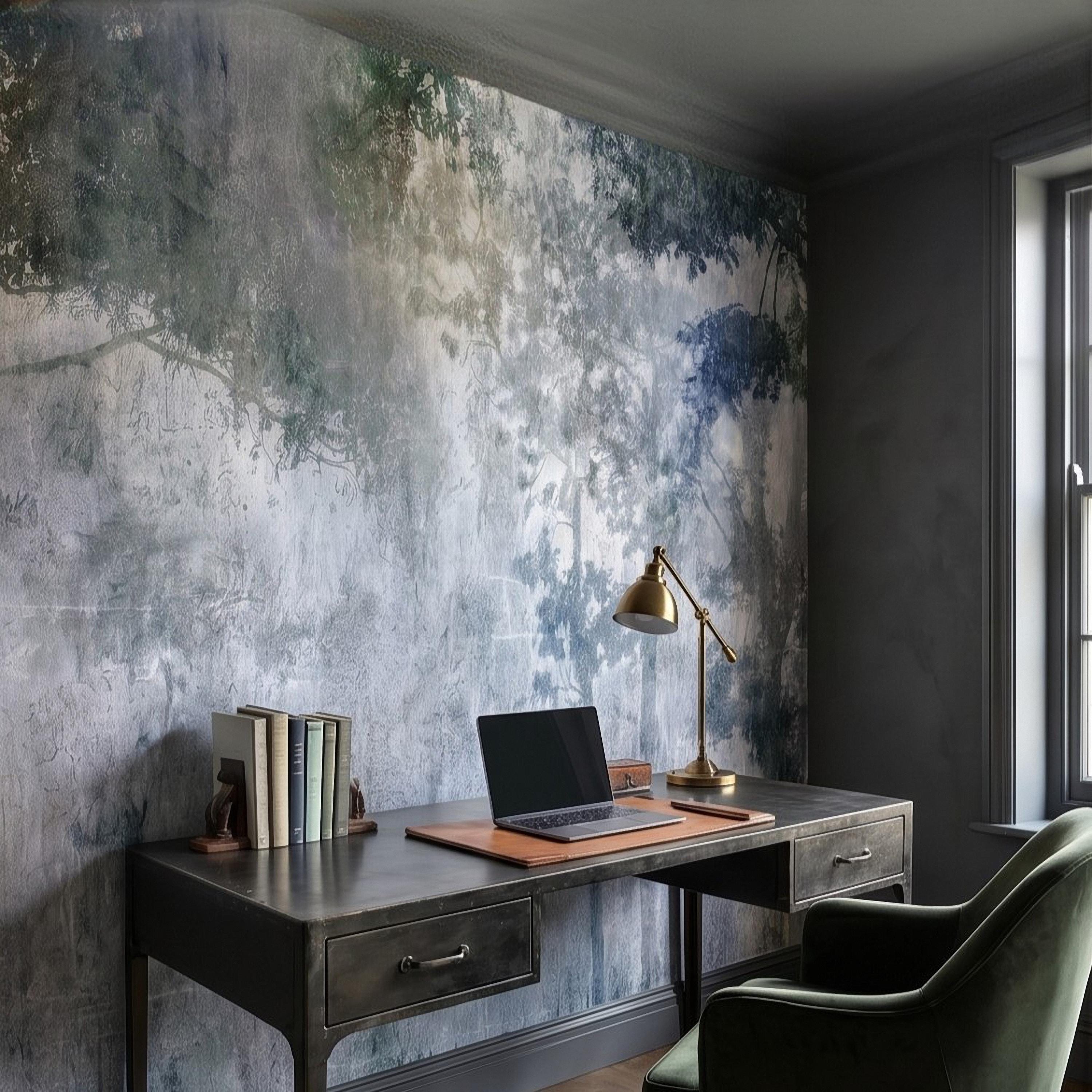 Abstract Forest Shadow Peel and Stick Wall Mural, Blue Gray Textured Plaster, Moody Tree Canopy Silhouette, Wabi Sabi Japandi Wallpaper