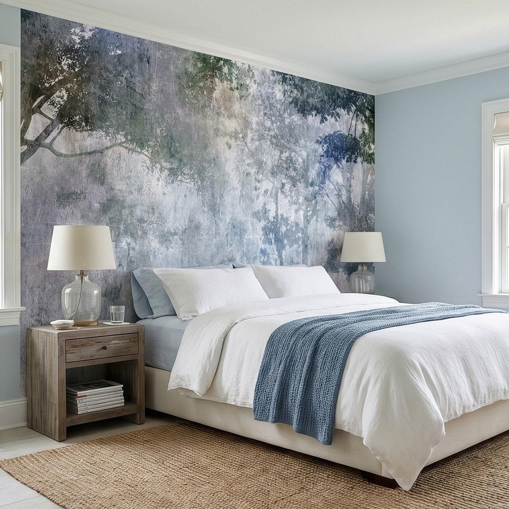 Abstract Forest Shadow Peel and Stick Wall Mural, Blue Gray Textured Plaster, Moody Tree Canopy Silhouette, Wabi Sabi Japandi Wallpaper