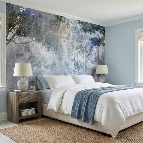 Abstract forest wall mural in blue-gray plaster texture with treetop silhouettes and haze